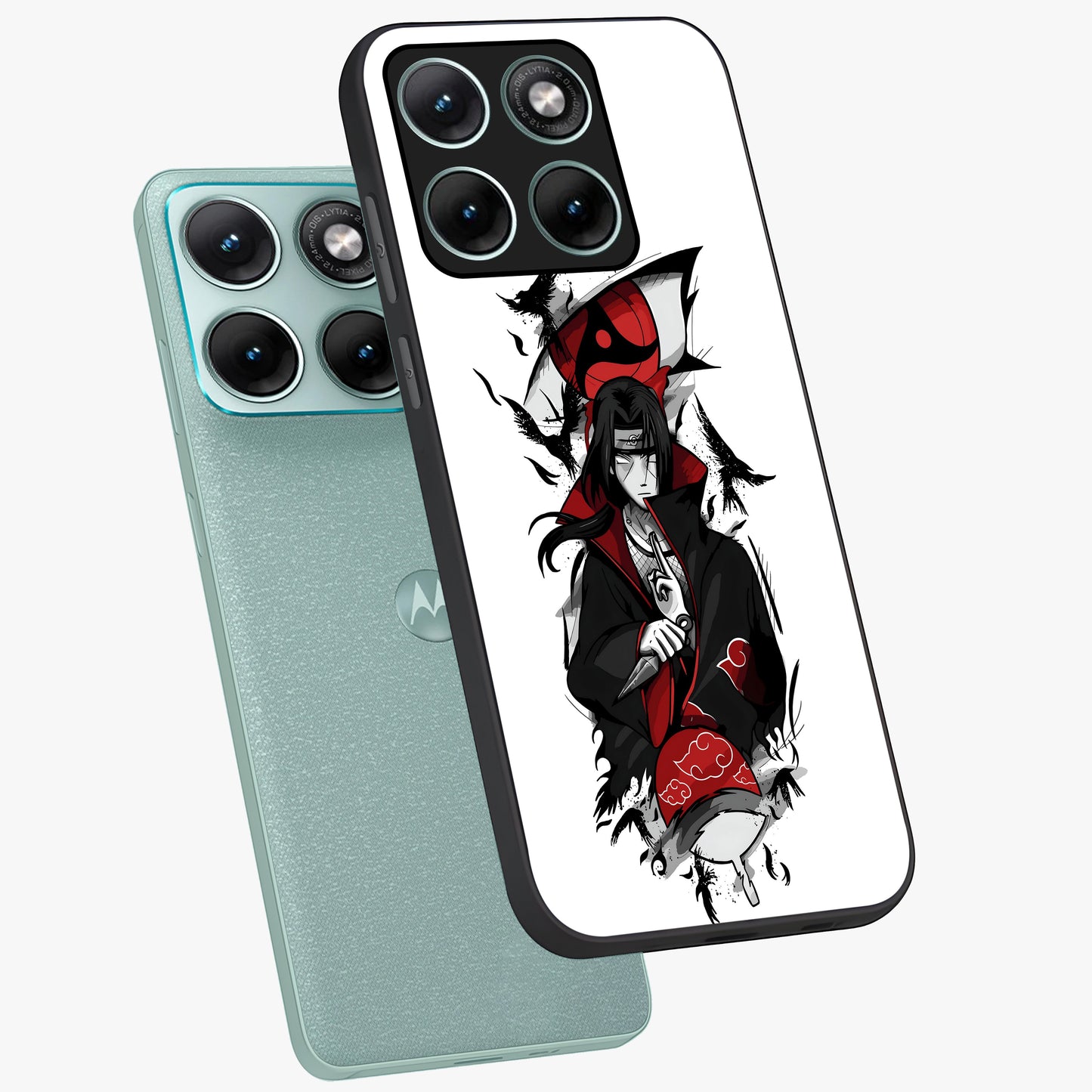 Itachi Limited Edition Naruto Anime Glass Case displayed in angled mockup highlighting dramatic anime illustration with bold action aesthetic.