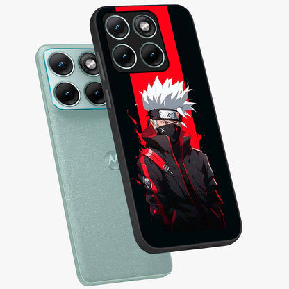 Kakashi Scarlet Shadow Glass Case displayed in angled mockup highlighting dramatic ninja illustration with scarlet themed aesthetic.