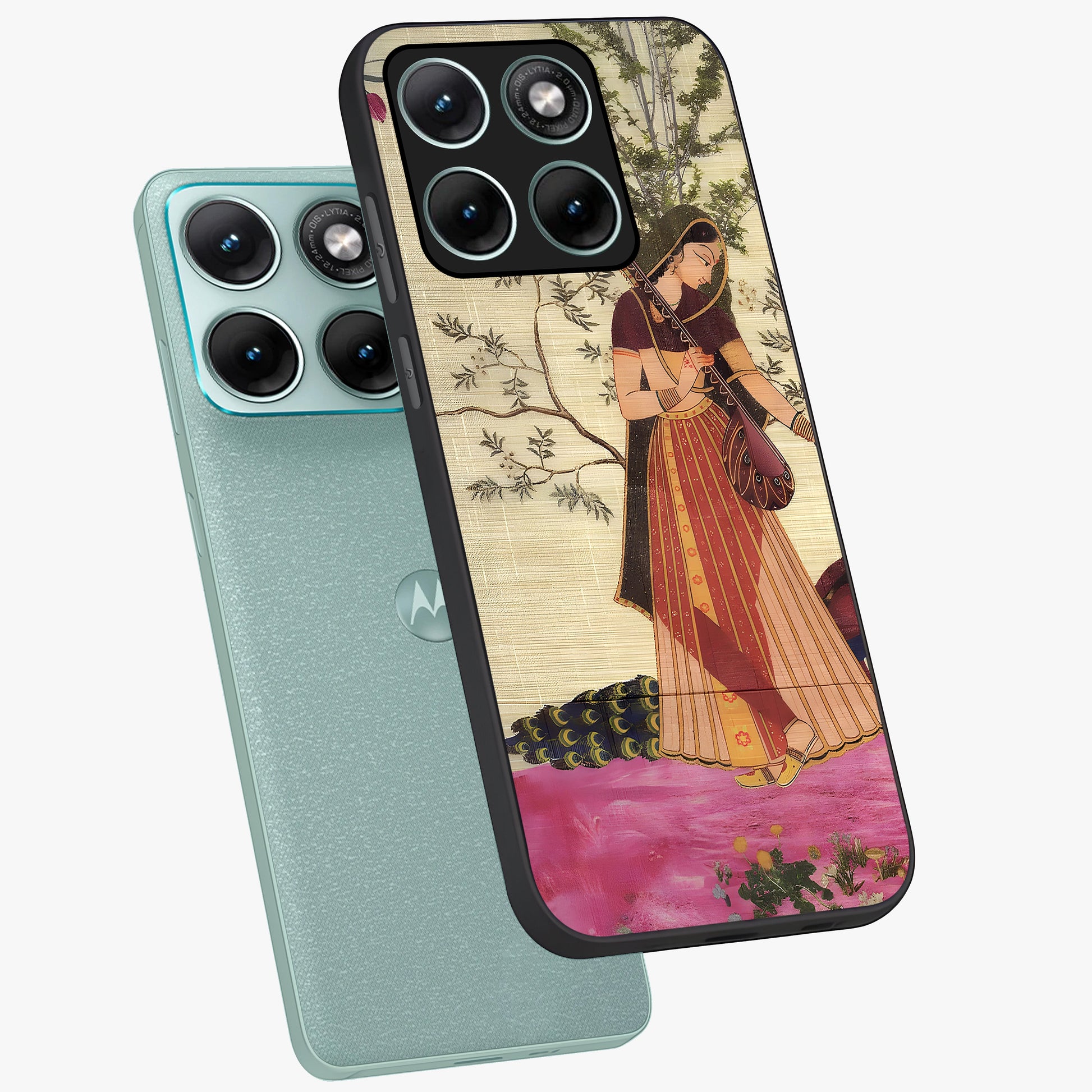Lady With Veena Art Glass Case displayed in angled mockup highlighting graceful musical illustration with cultural artistic aesthetic.