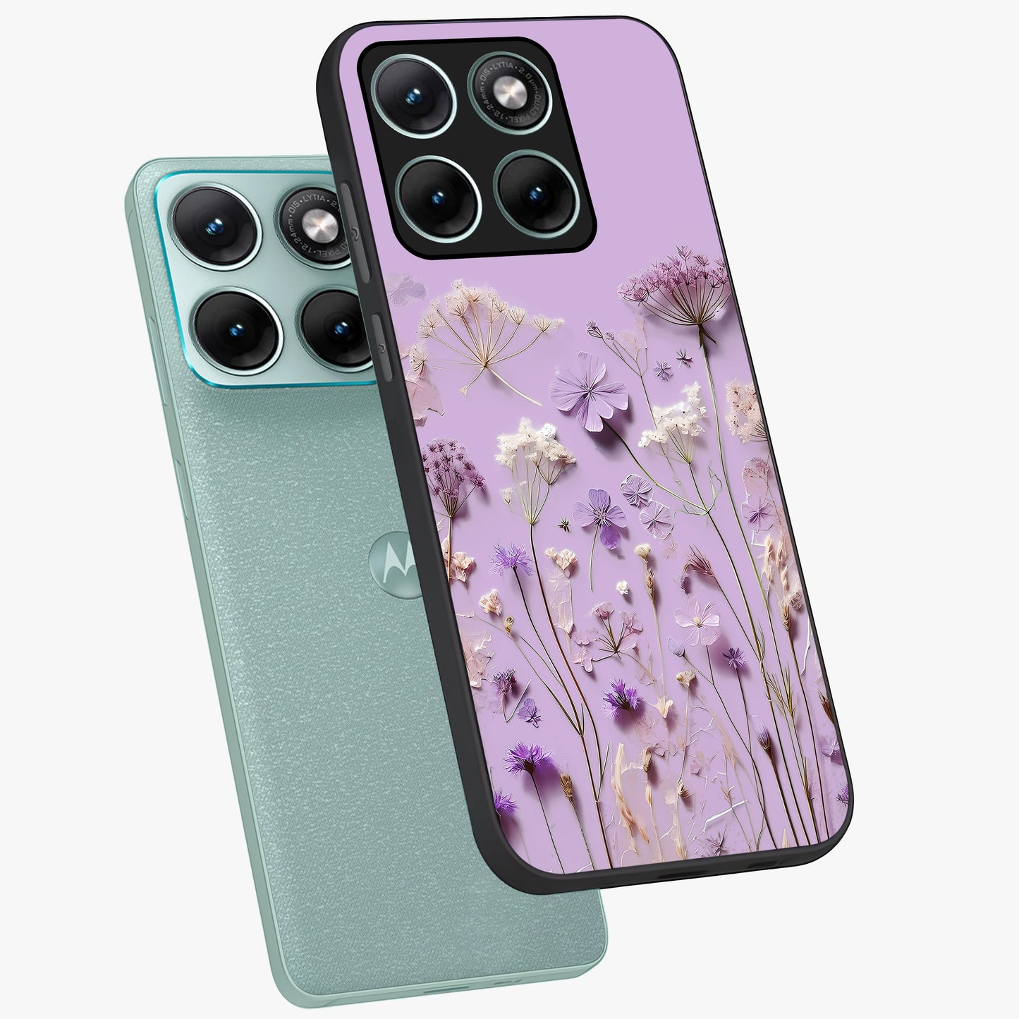 Lavender Blossom Dream Glass Case displayed in angled mockup highlighting dreamy lavender flower design with calming aesthetic style.