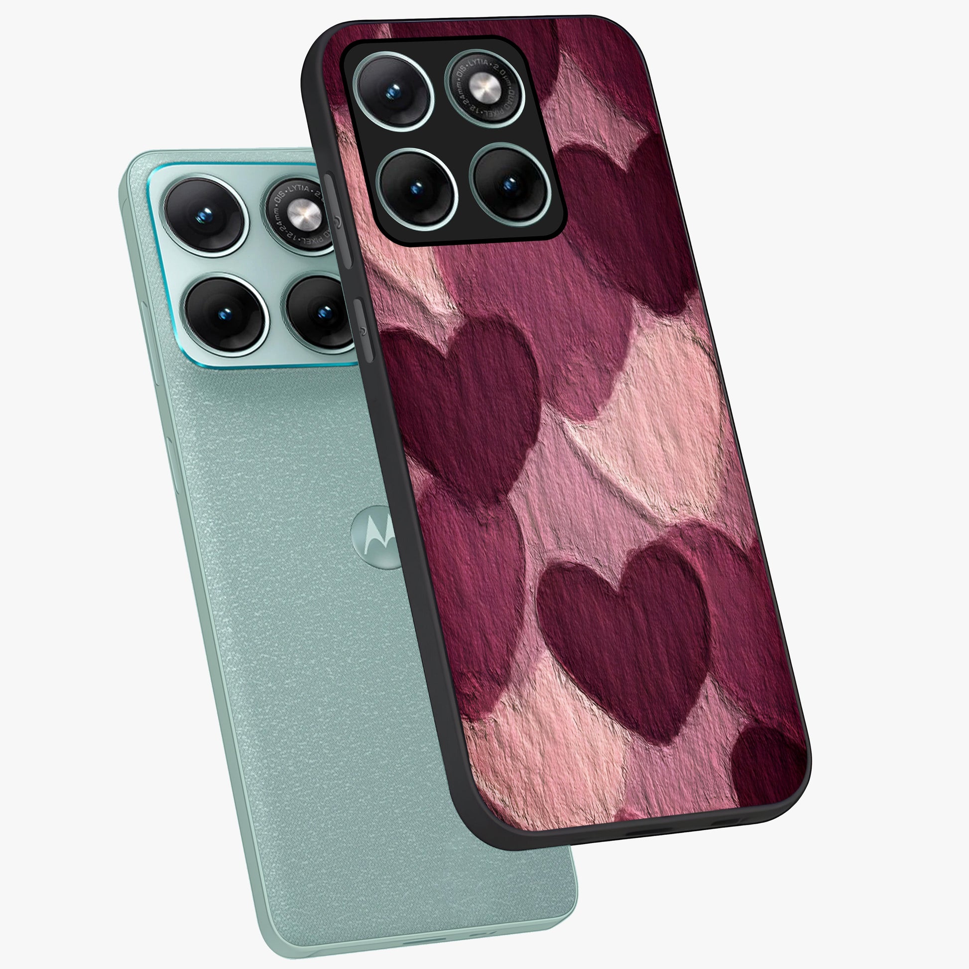 Layered Paper Hearts Glass Case displayed in angled mockup highlighting creative paper craft heart design with romantic aesthetic.