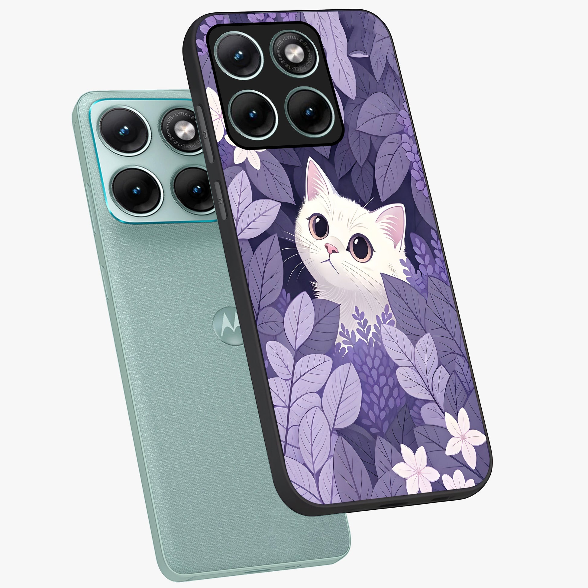 Lilac Hide Peek Cat Glass Case displayed in angled mockup highlighting playful feline illustration with lilac aesthetic design.