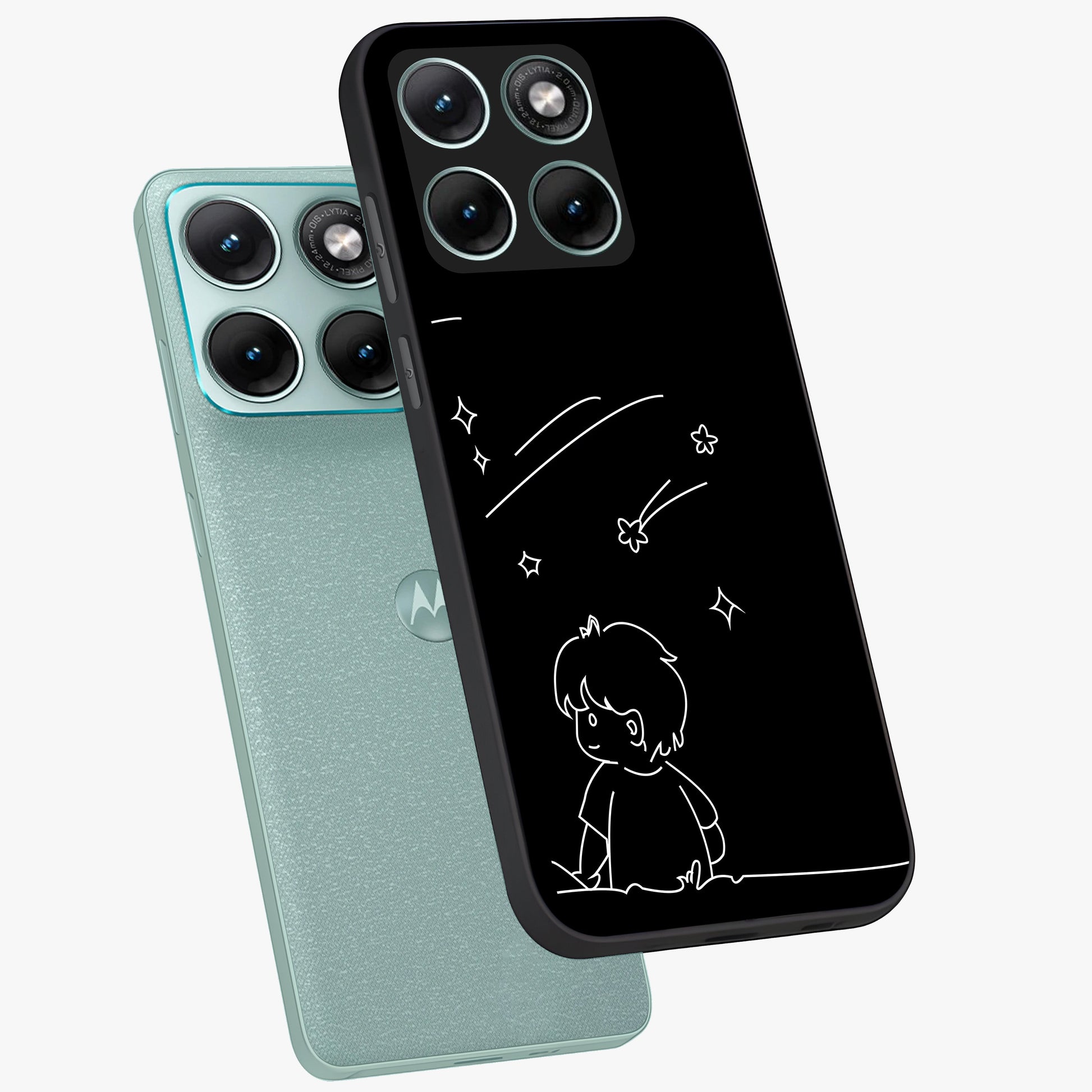 Line Art Boy With Shooting Stars Glass Case displayed in angled mockup highlighting elegant line art design with dreamy star aesthetic.