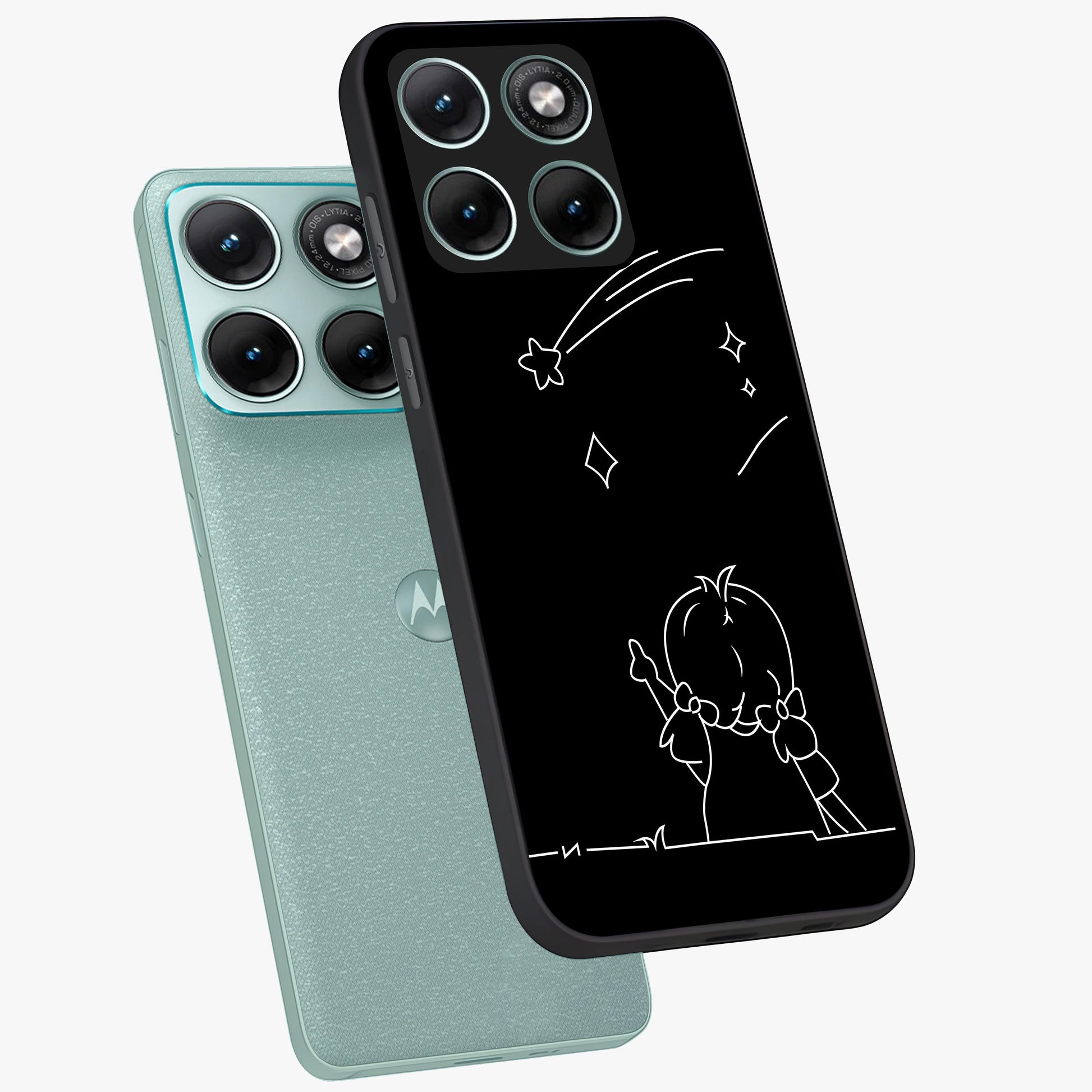 Line Art Girl With Shooting Stars Glass Case displayed in angled mockup highlighting elegant line art design with dreamy star aesthetic.