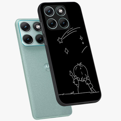 Line Art Girl With Shooting Stars Glass Case displayed in angled mockup highlighting elegant line art design with dreamy star aesthetic.