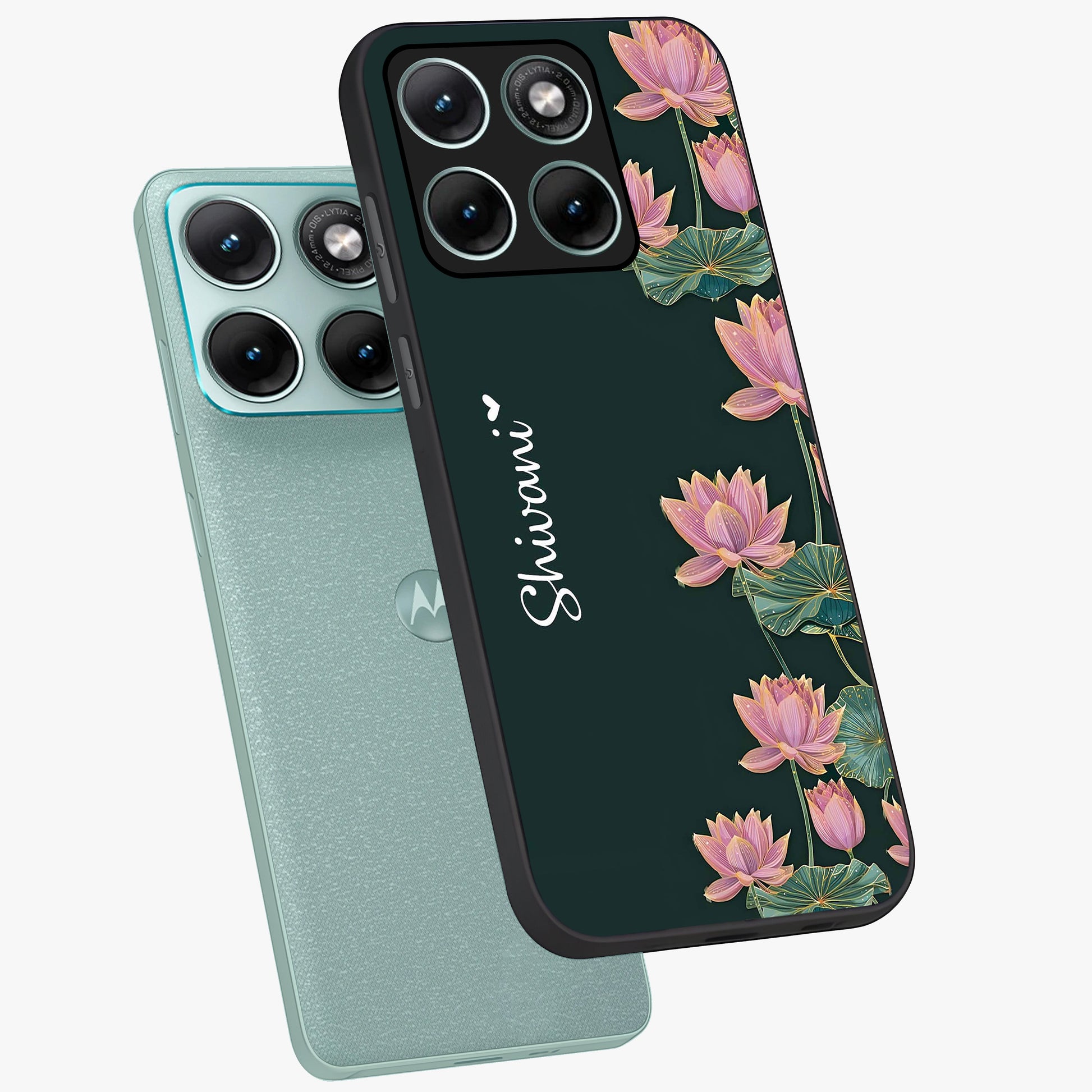 Lotus Bloom Serenity Custom Name Glass Case displayed in angled mockup highlighting graceful lotus illustration with custom name feature.