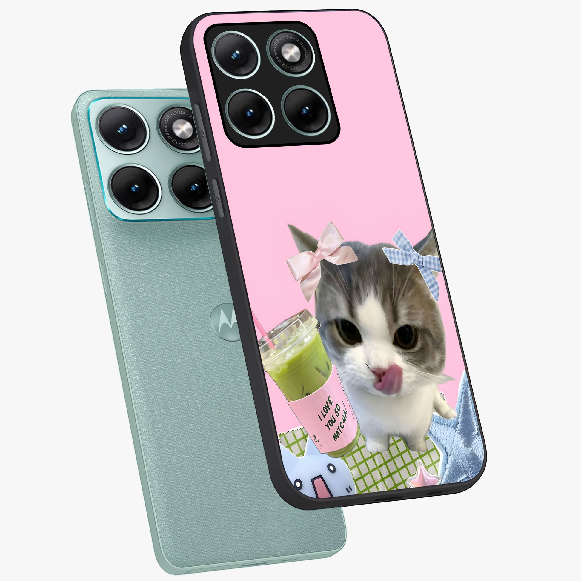 Love Matcha Cat Glass Case displayed in angled mockup highlighting playful feline illustration with cozy matcha aesthetic.