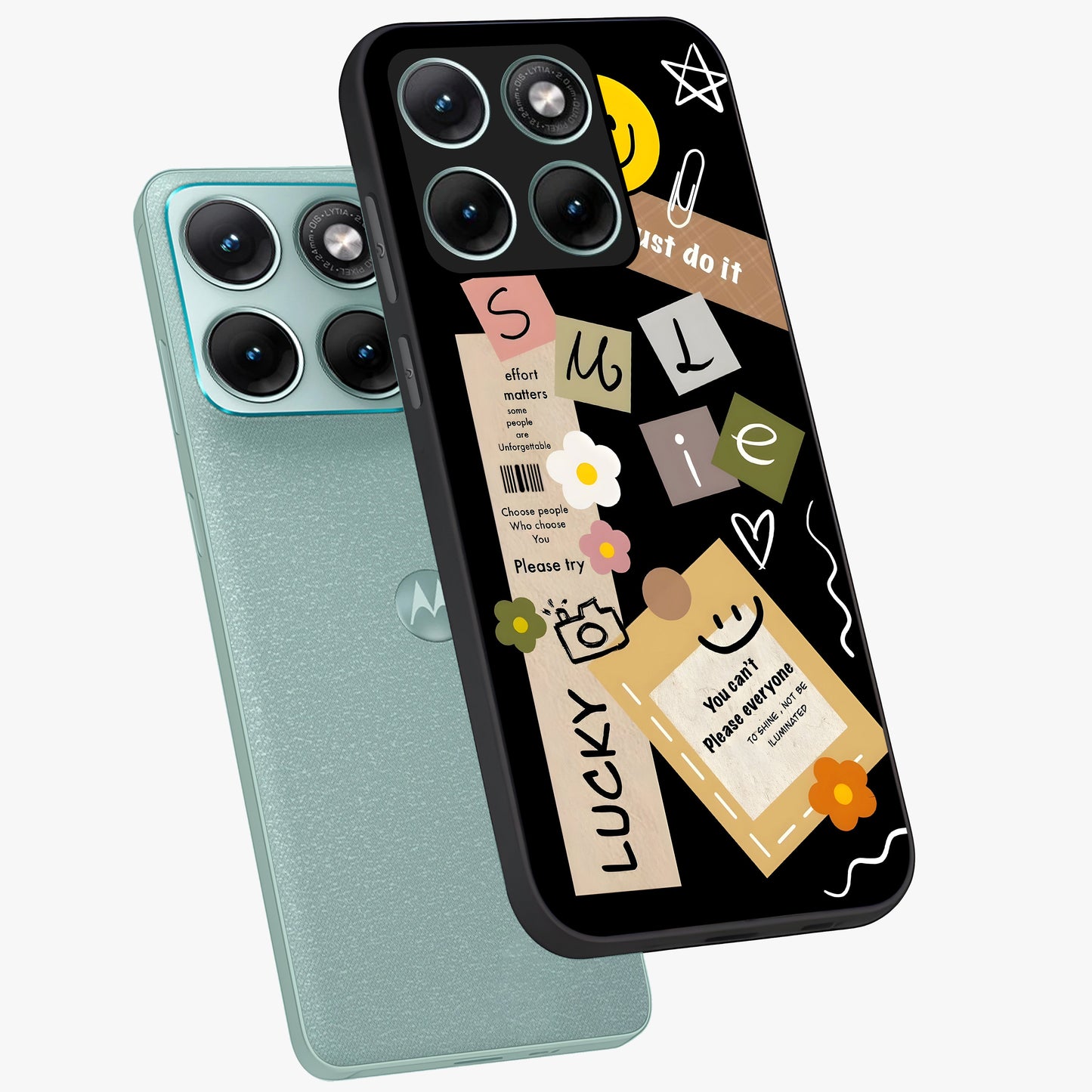 Lucky Aesthetic Collage Glass Case displayed in angled mockup highlighting stylish collage pattern with modern aesthetic vibe.