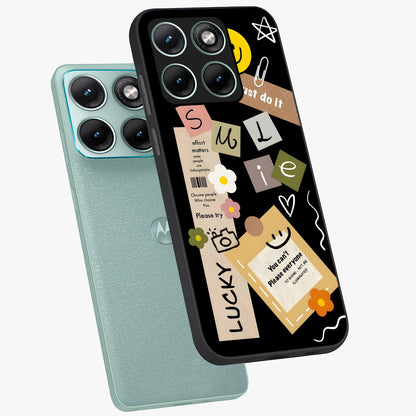 Lucky Aesthetic Collage Glass Case displayed in angled mockup highlighting stylish collage pattern with modern aesthetic vibe.