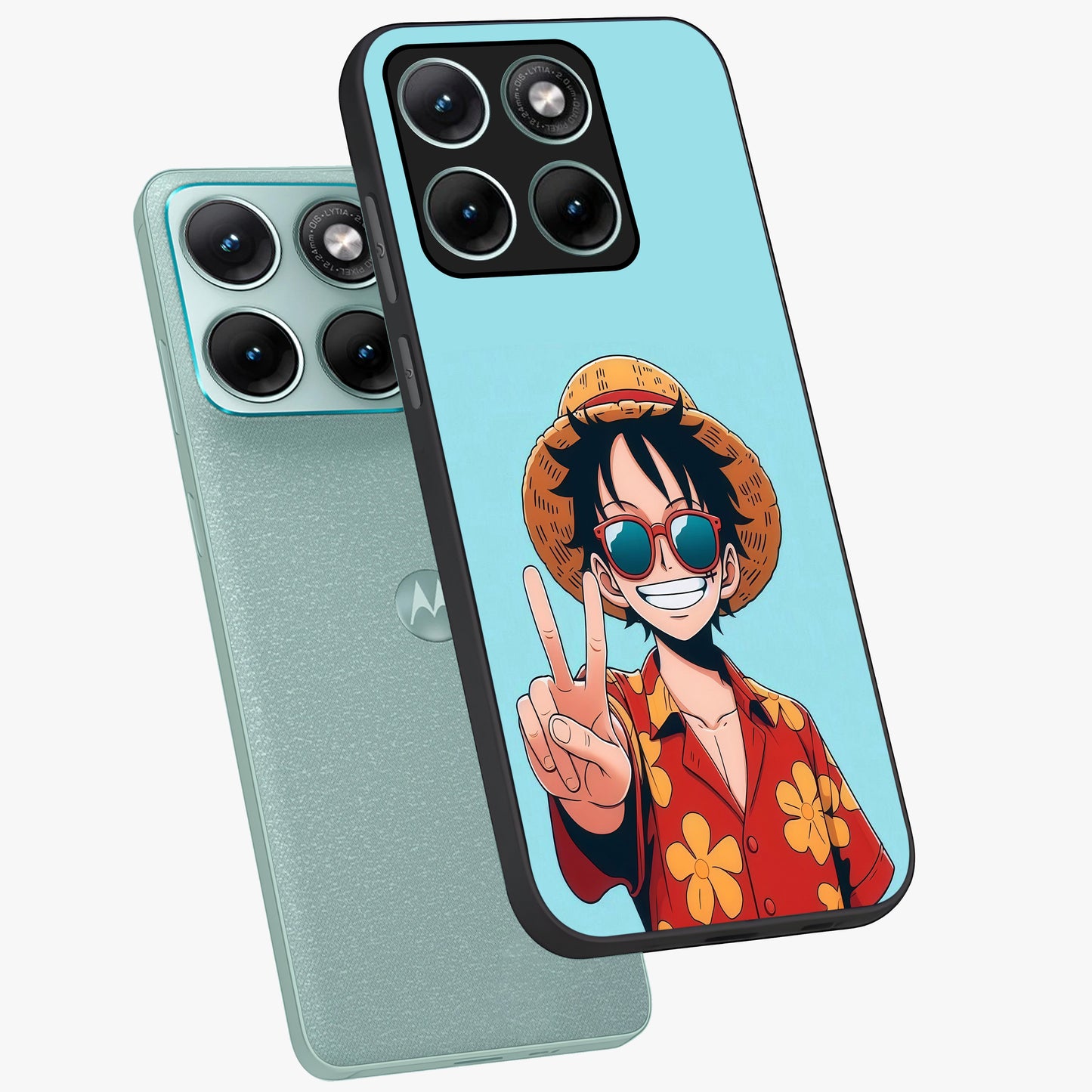 Luffy Summer Anime Vibe Glass Case displayed in angled mockup highlighting energetic anime illustration with summer vibe aesthetic.