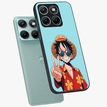 Luffy Summer Anime Vibe Glass Case displayed in angled mockup highlighting energetic anime illustration with summer vibe aesthetic.