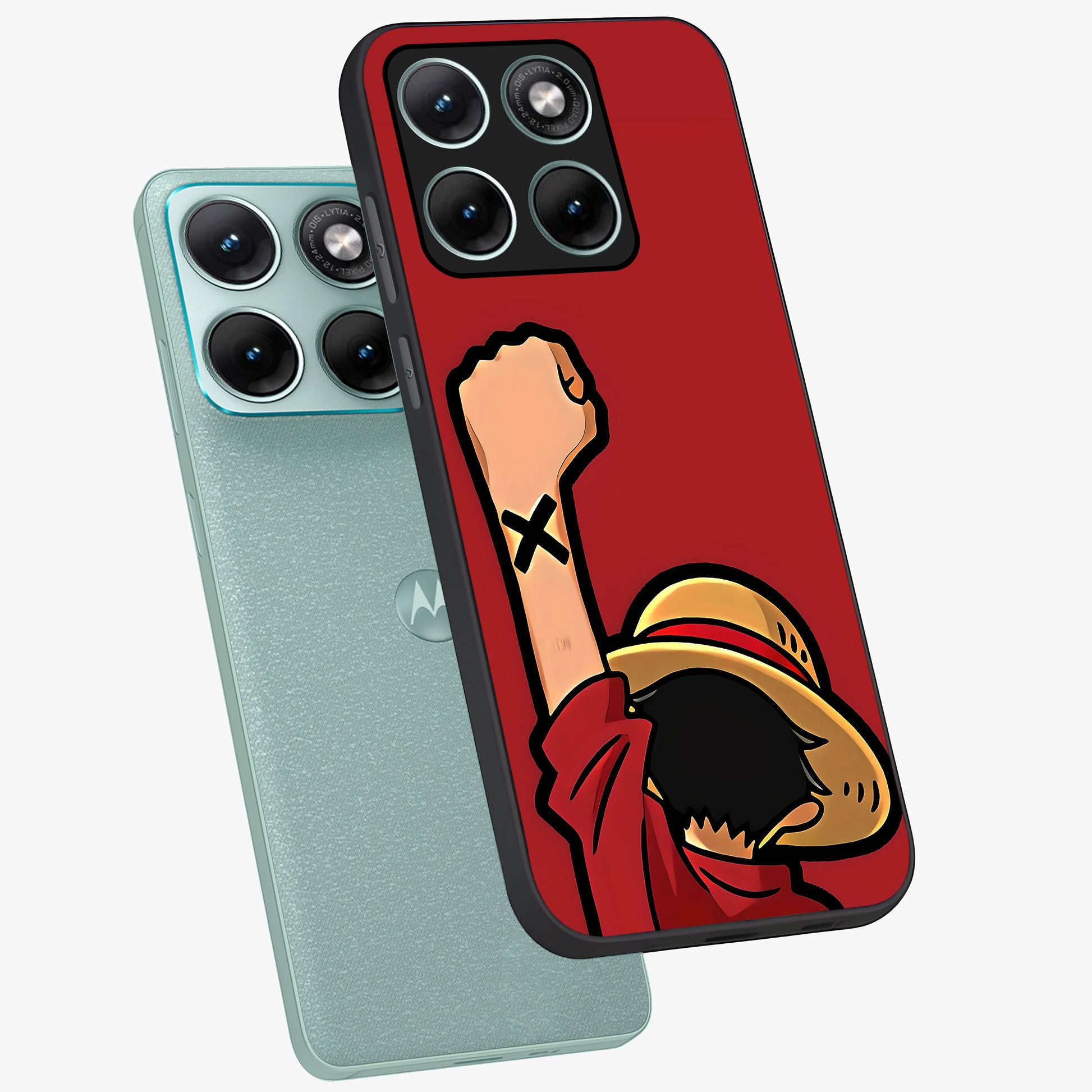 Luffy X Spirit Glass Case displayed in angled mockup highlighting powerful anime design with energetic action aesthetic.