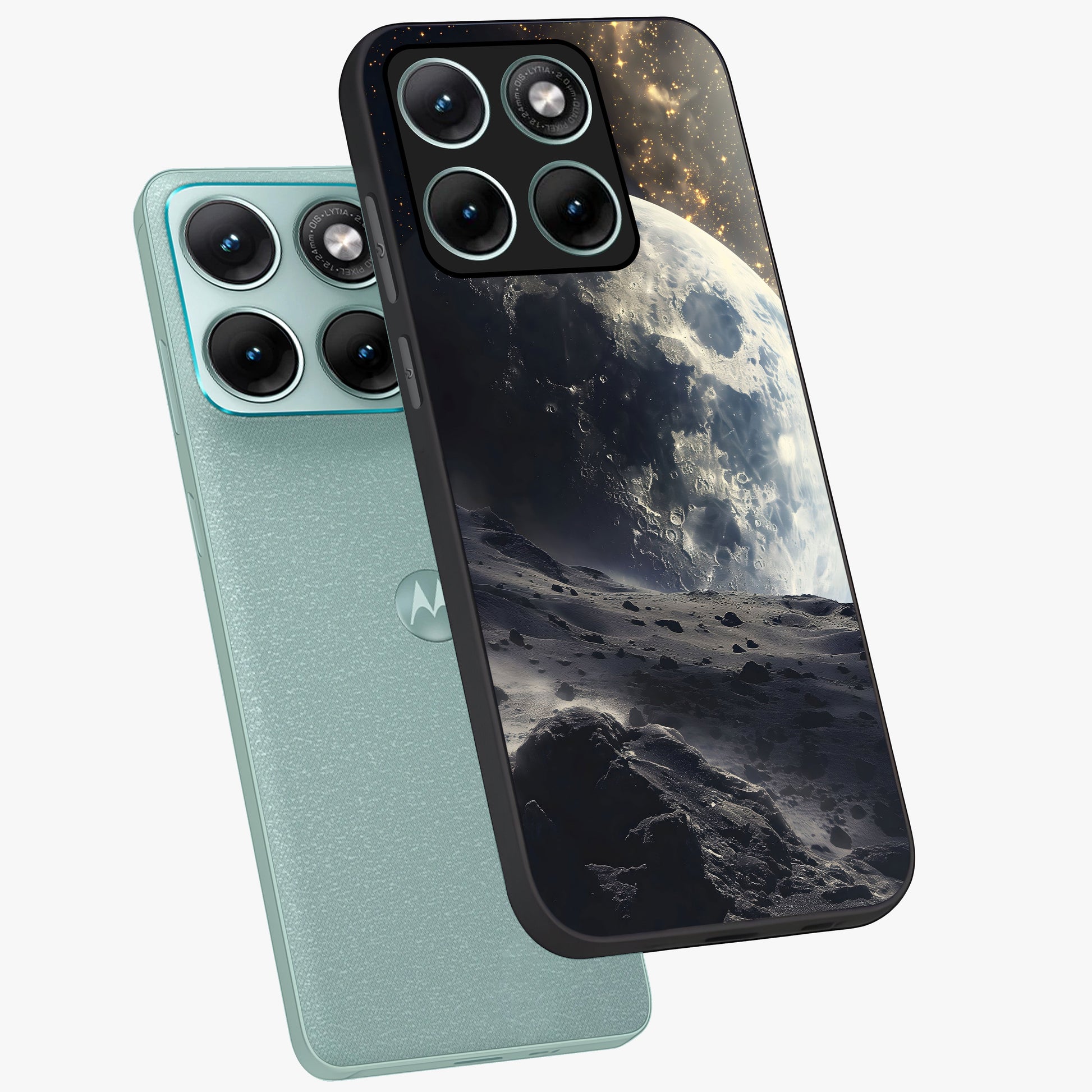Lunar Horizon Glow Glass Case displayed in angled mockup highlighting celestial moon design with dreamy night aesthetic.