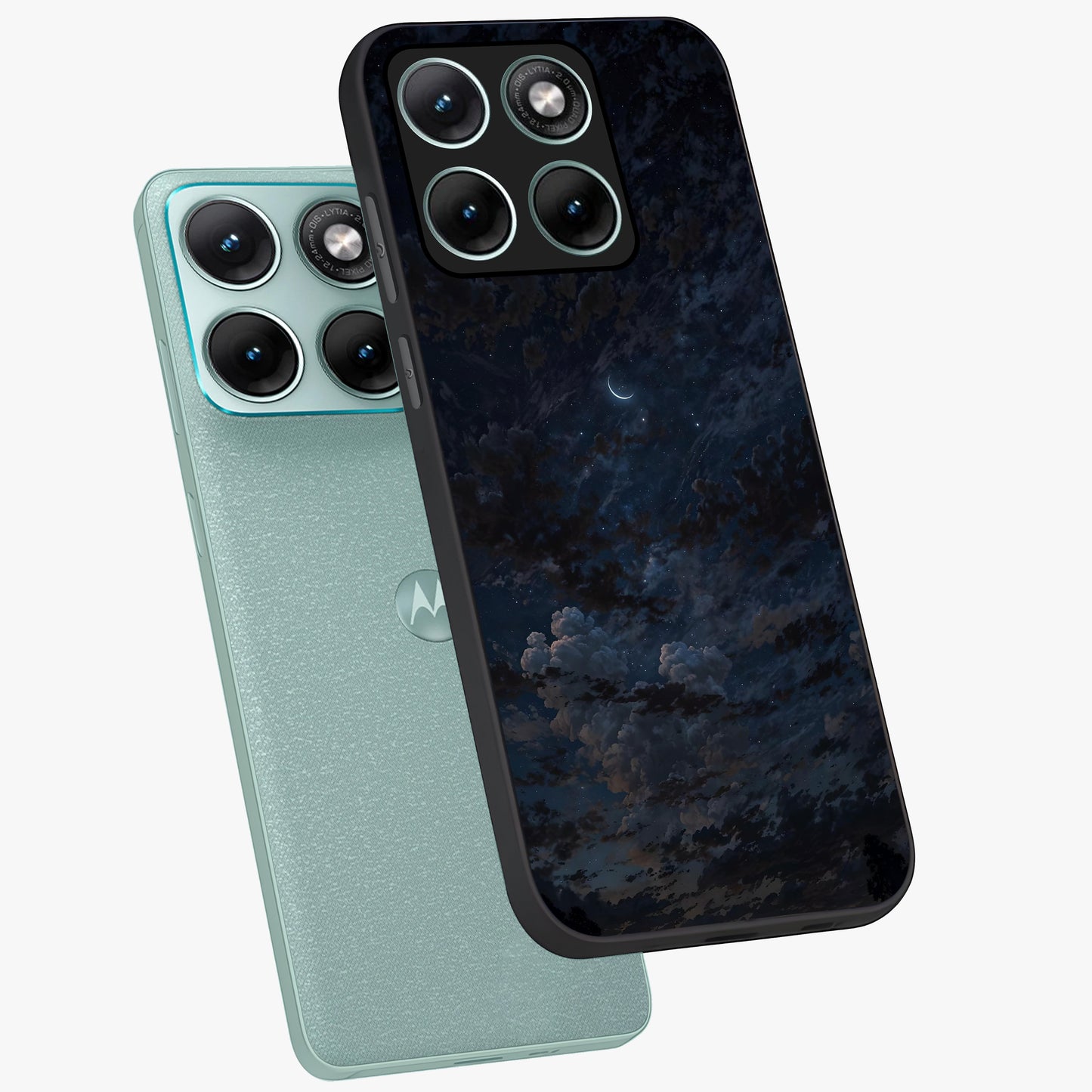 Lunar Veil Silence Glass Case displayed in angled mockup highlighting soft lunar design with peaceful celestial aesthetic.