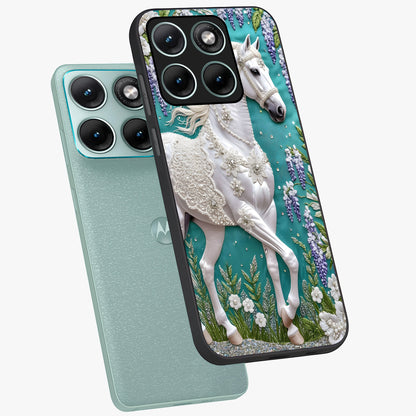 Majestic Floral Stallion Glass Case displayed in angled mockup highlighting majestic stallion illustration with elegant floral aesthetic.