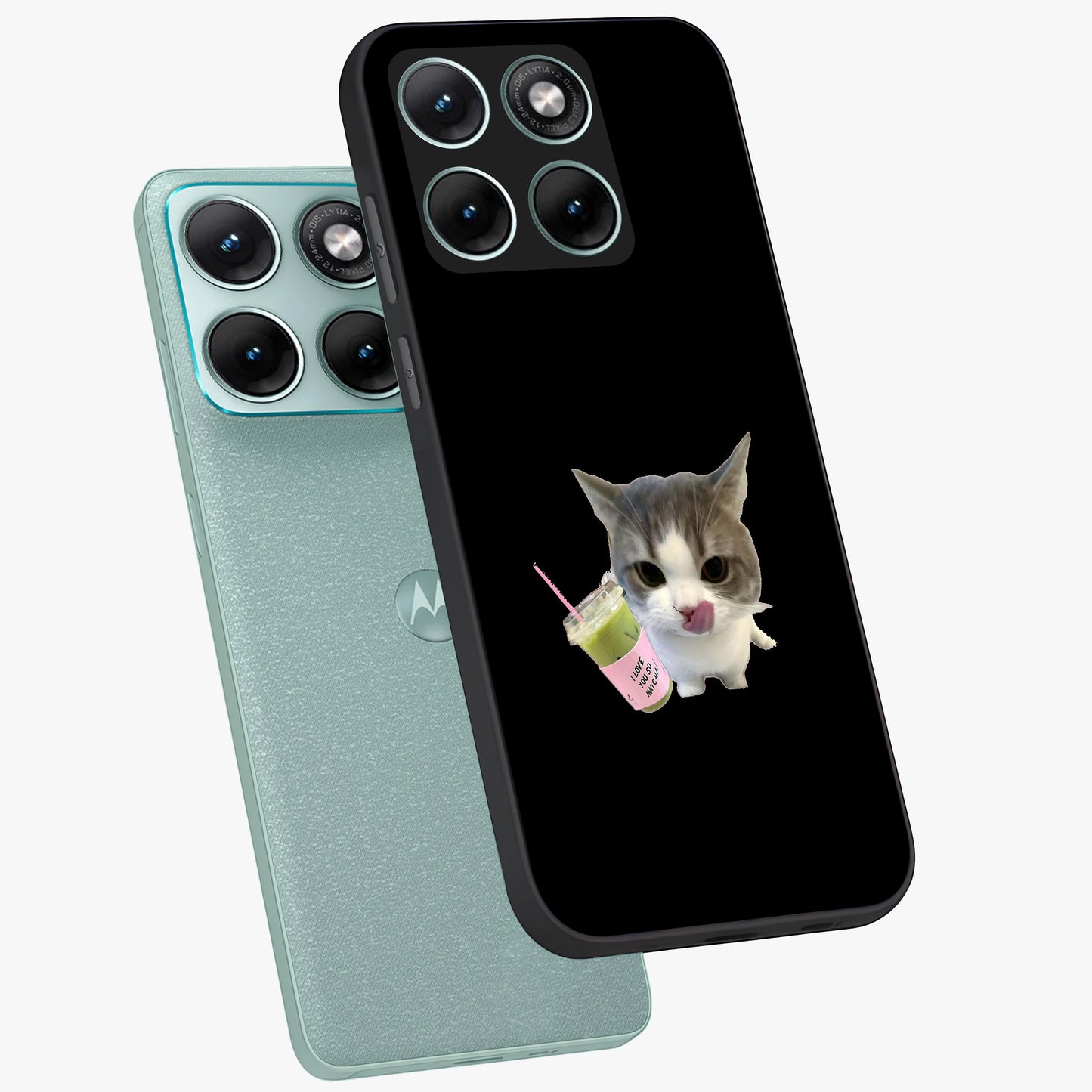 Matcha Cat Style Glass Case displayed in angled mockup highlighting playful feline design with pastel matcha aesthetic.