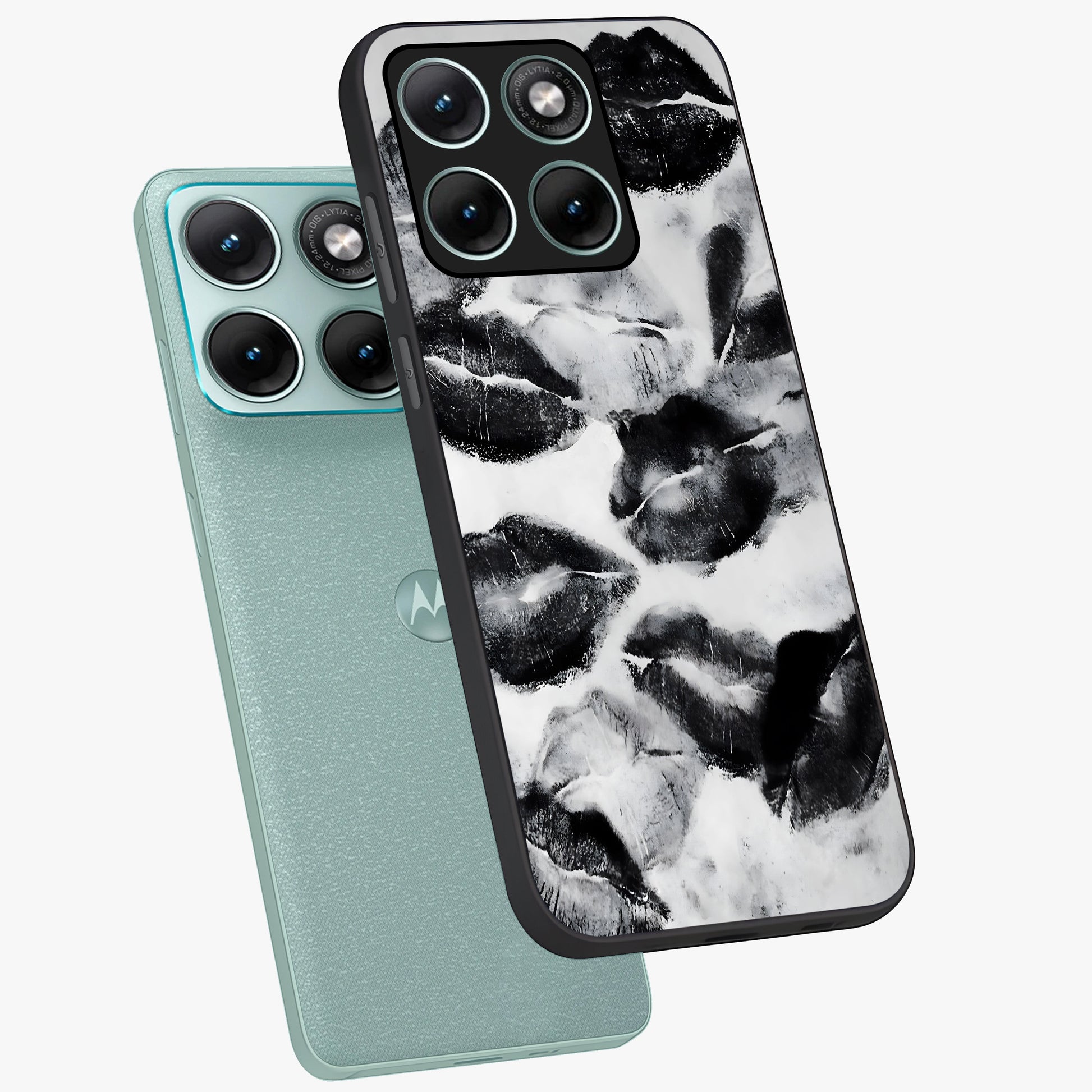 Midnight Kiss Marks Glass Case displayed in angled mockup highlighting playful romantic design with bold midnight aesthetic.