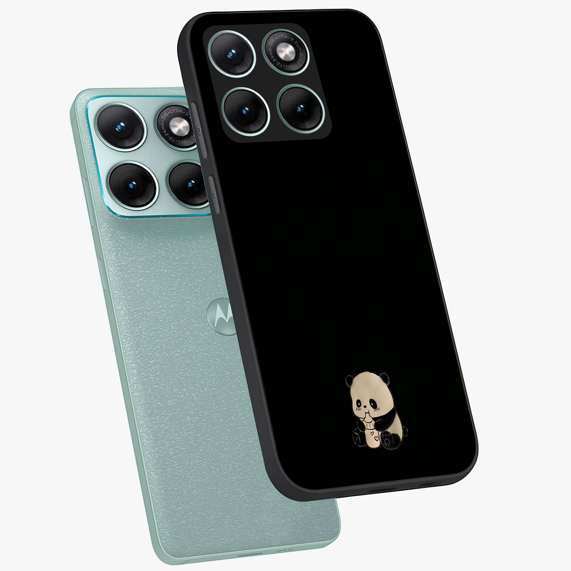Midnight Panda Love Glass Case displayed in angled mockup highlighting adorable panda illustration with midnight aesthetic.