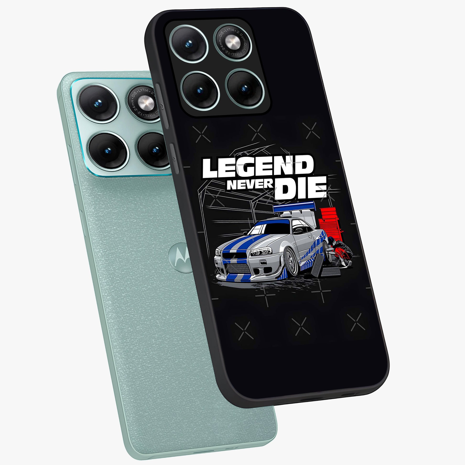 Midnight Racing Legacy Glass Case displayed in angled mockup highlighting dynamic automotive design with bold midnight aesthetic.