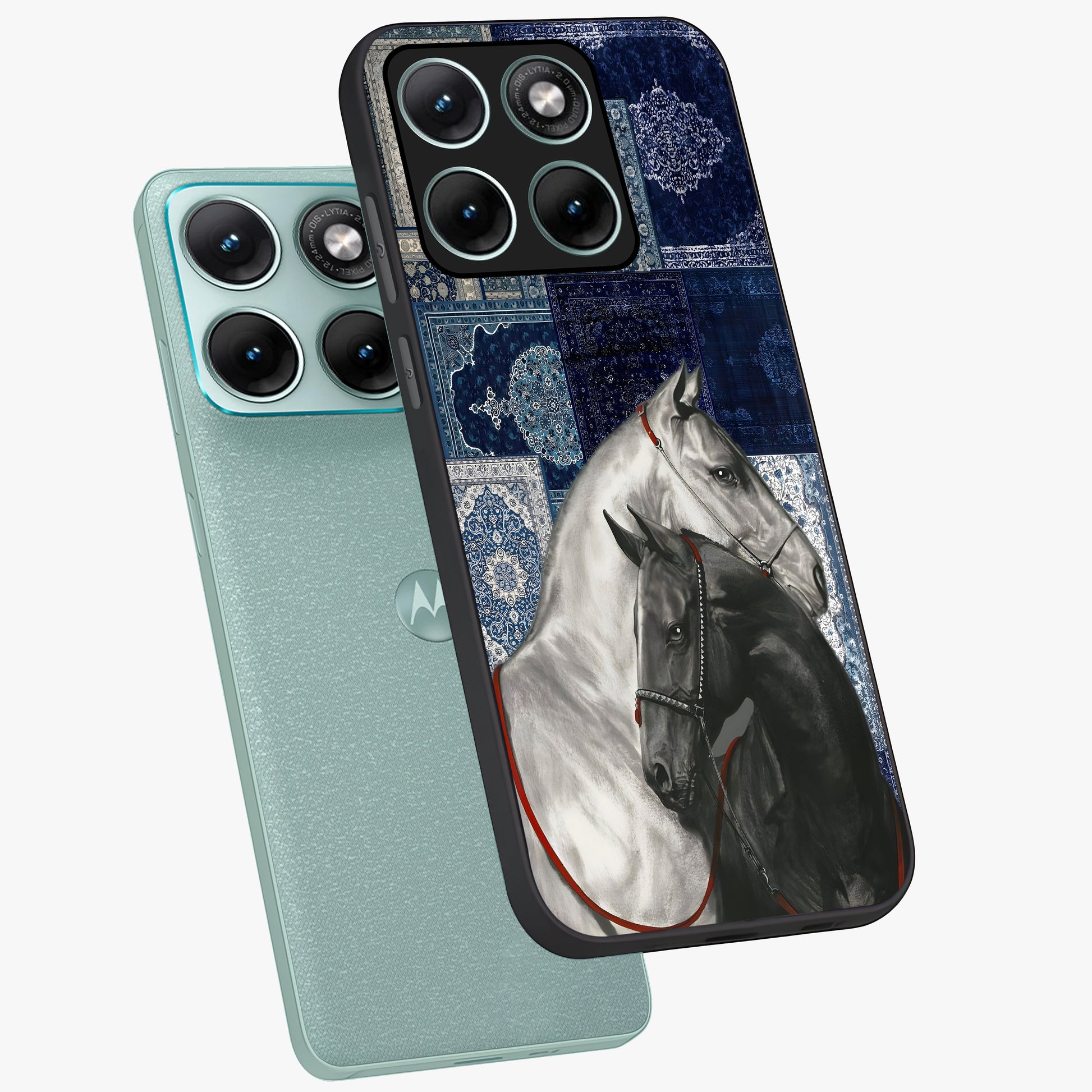 Midnight Stallion Blues Glass Case displayed in angled mockup highlighting powerful stallion illustration with deep midnight tones.