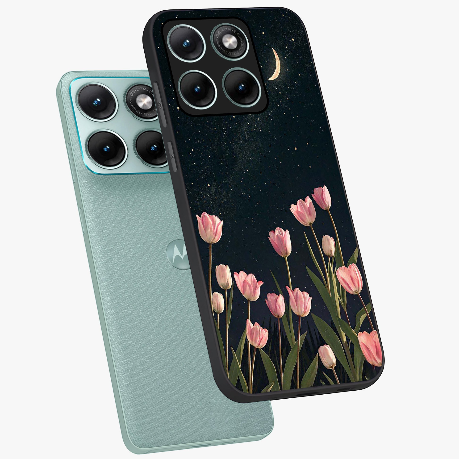 Midnight Tulip Whispers Vibe Glass Case displayed in angled mockup highlighting delicate tulip design with midnight floral aesthetic.