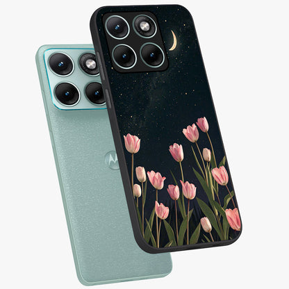 Midnight Tulip Whispers Vibe Glass Case displayed in angled mockup highlighting delicate tulip design with midnight floral aesthetic.