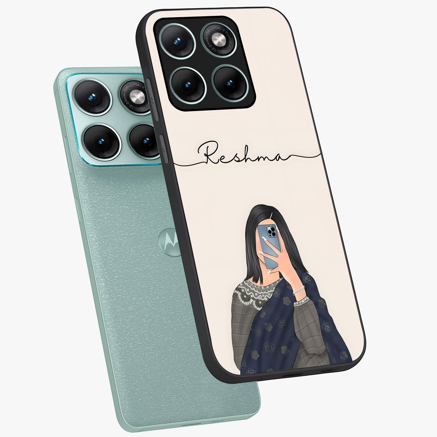 Mirror Mood Muse With Custom Name Glass Case displayed in angled mockup highlighting aesthetic mirror inspired design with custom name feature.