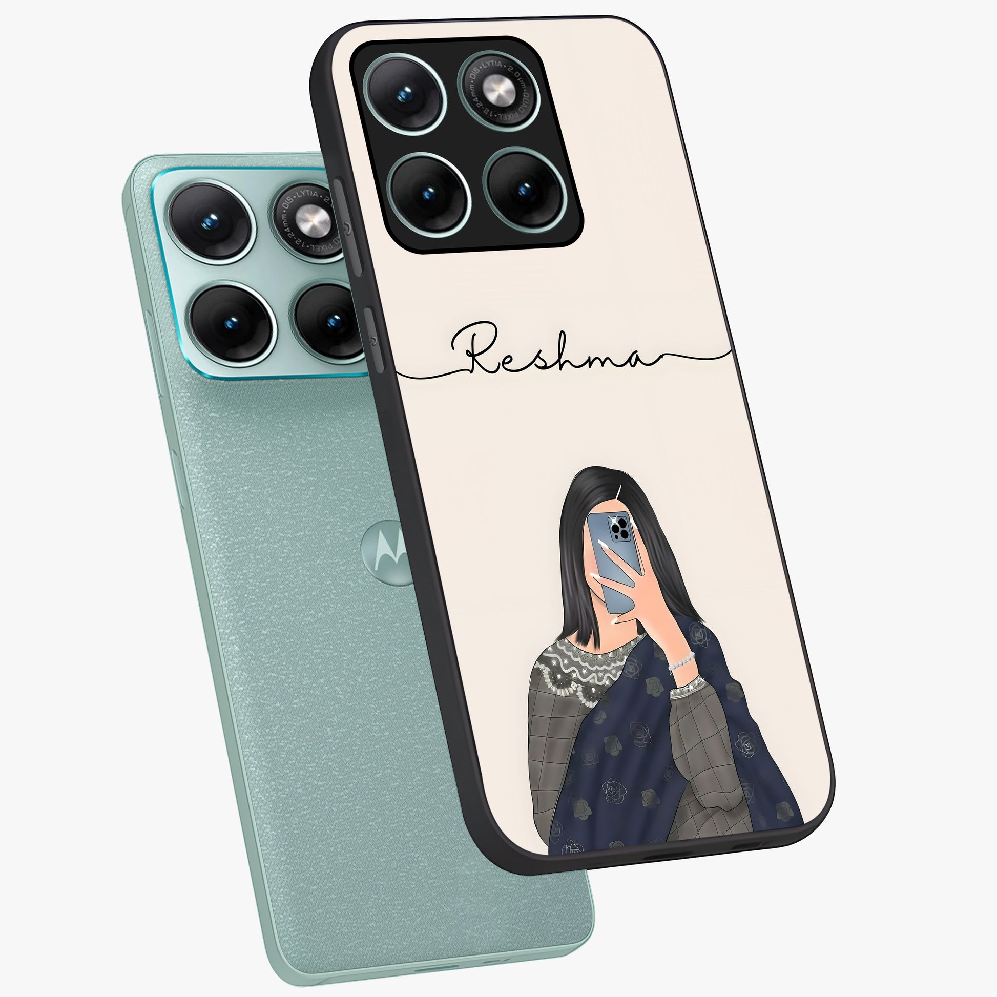 Mirror Mood Muse With Custom Name Glass Case displayed in angled mockup highlighting aesthetic mirror inspired design with custom name feature.