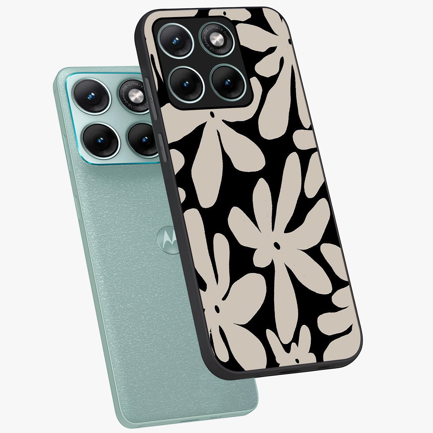 Monochrome Petal Dance Glass Case displayed in angled mockup highlighting elegant petal design with black and white aesthetic.