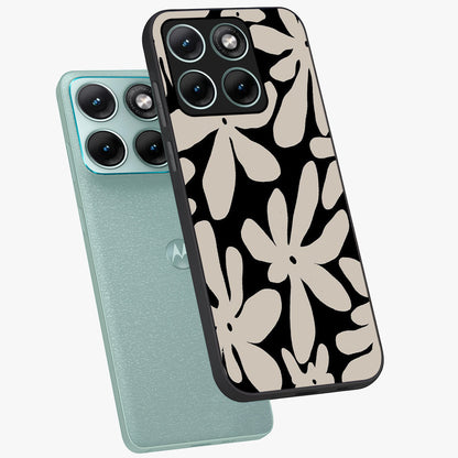 Monochrome Petal Dance Glass Case displayed in angled mockup highlighting elegant petal design with black and white aesthetic.