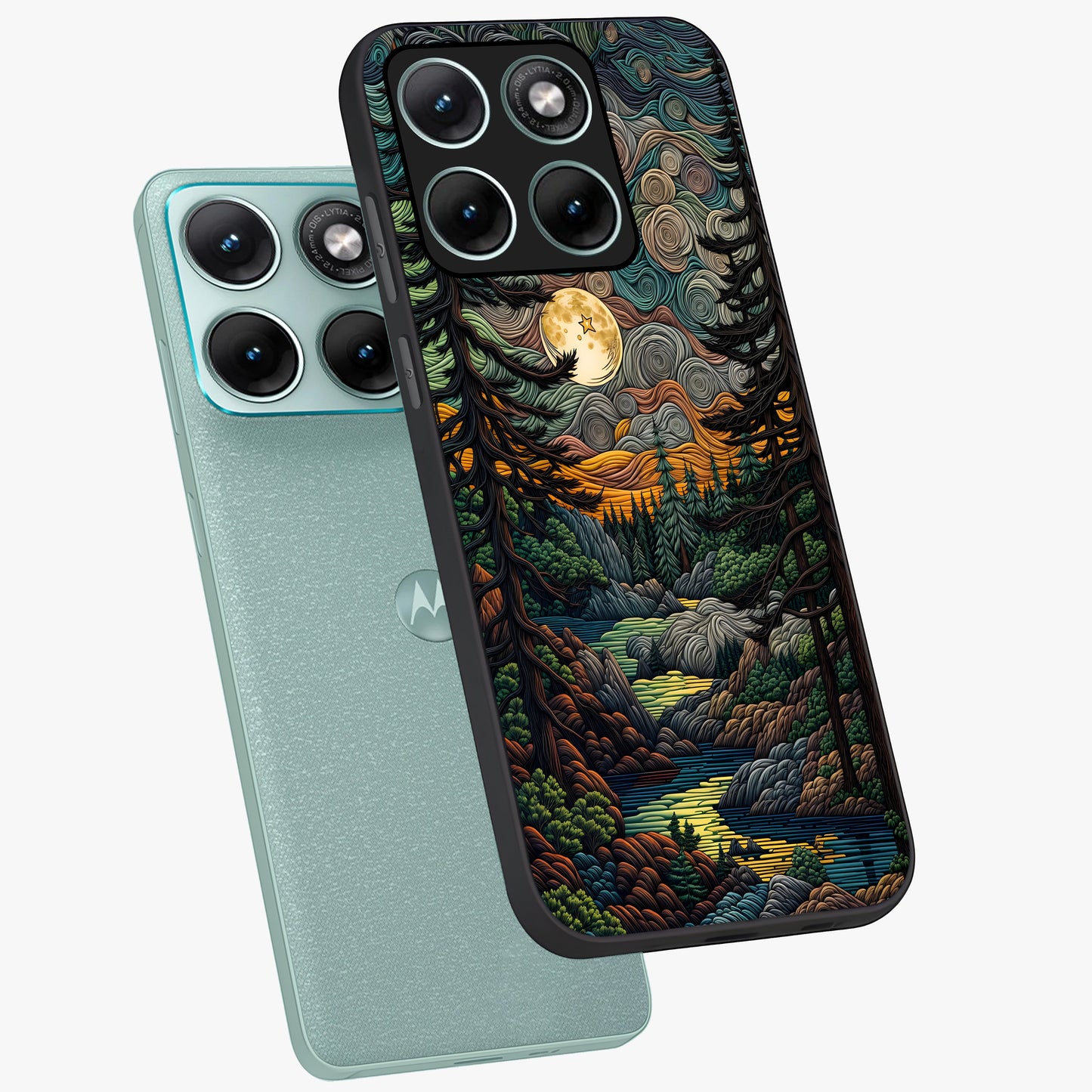 Moonlight Forest Dream Glass Case displayed in angled mockup highlighting dreamy forest design with glowing moon aesthetic.