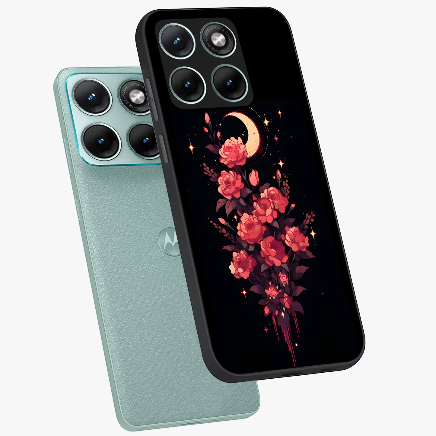 Moonlit Floral Elegance Glass Case displayed in angled mockup highlighting graceful flower design with soft moonlight aesthetic.
