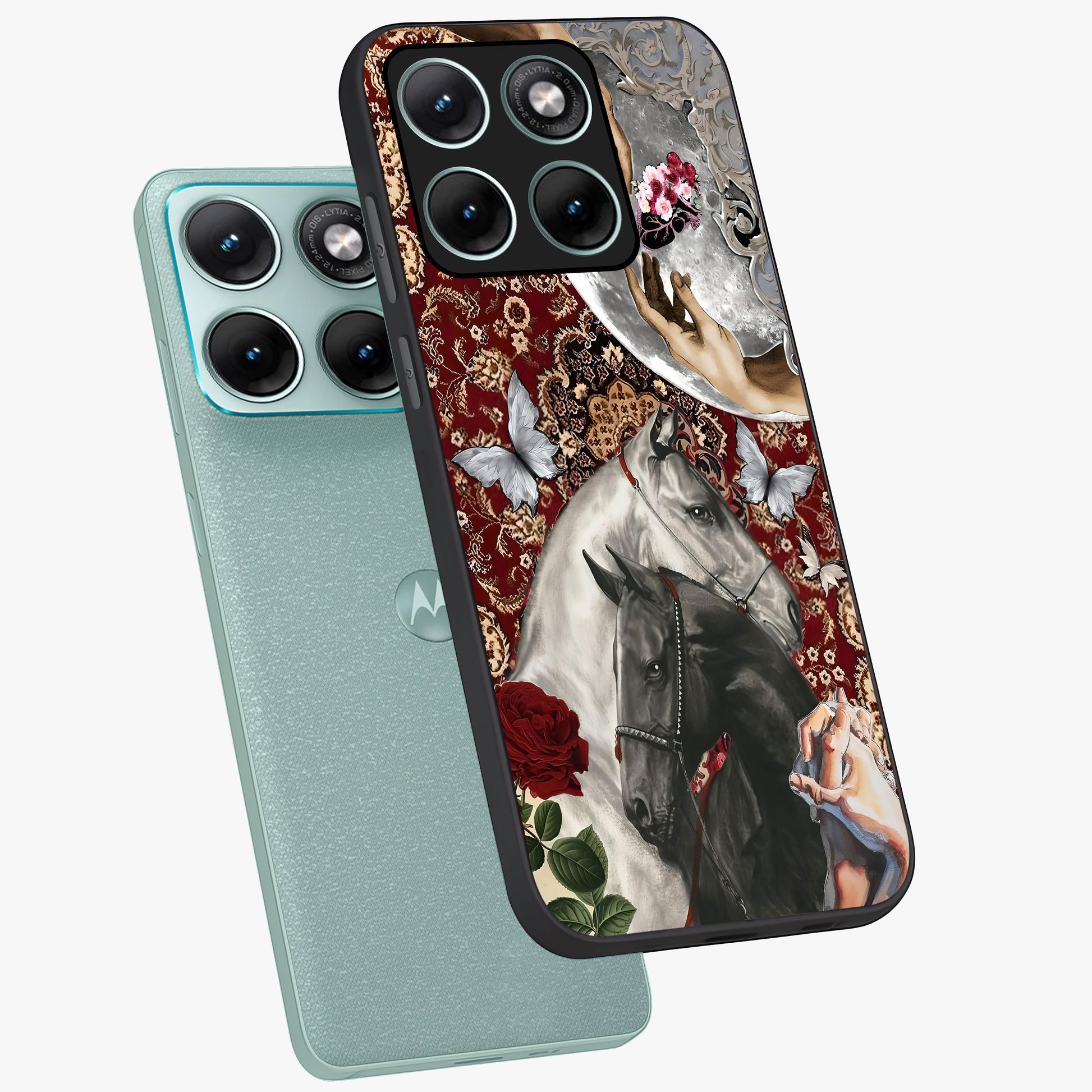 Moonlit Royal Stallion Glass Case displayed in angled mockup highlighting powerful stallion illustration with royal night aesthetic.