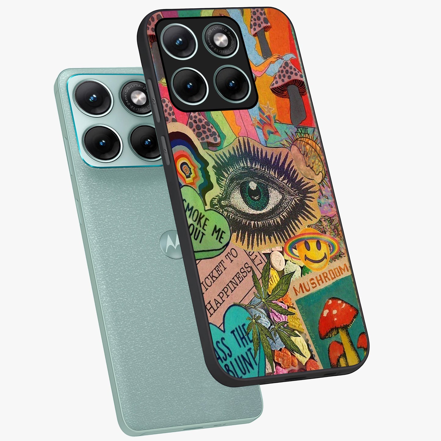 Mystic Eye Wonderland Glass Case displayed in angled mockup highlighting magical eye illustration with dreamy aesthetic.