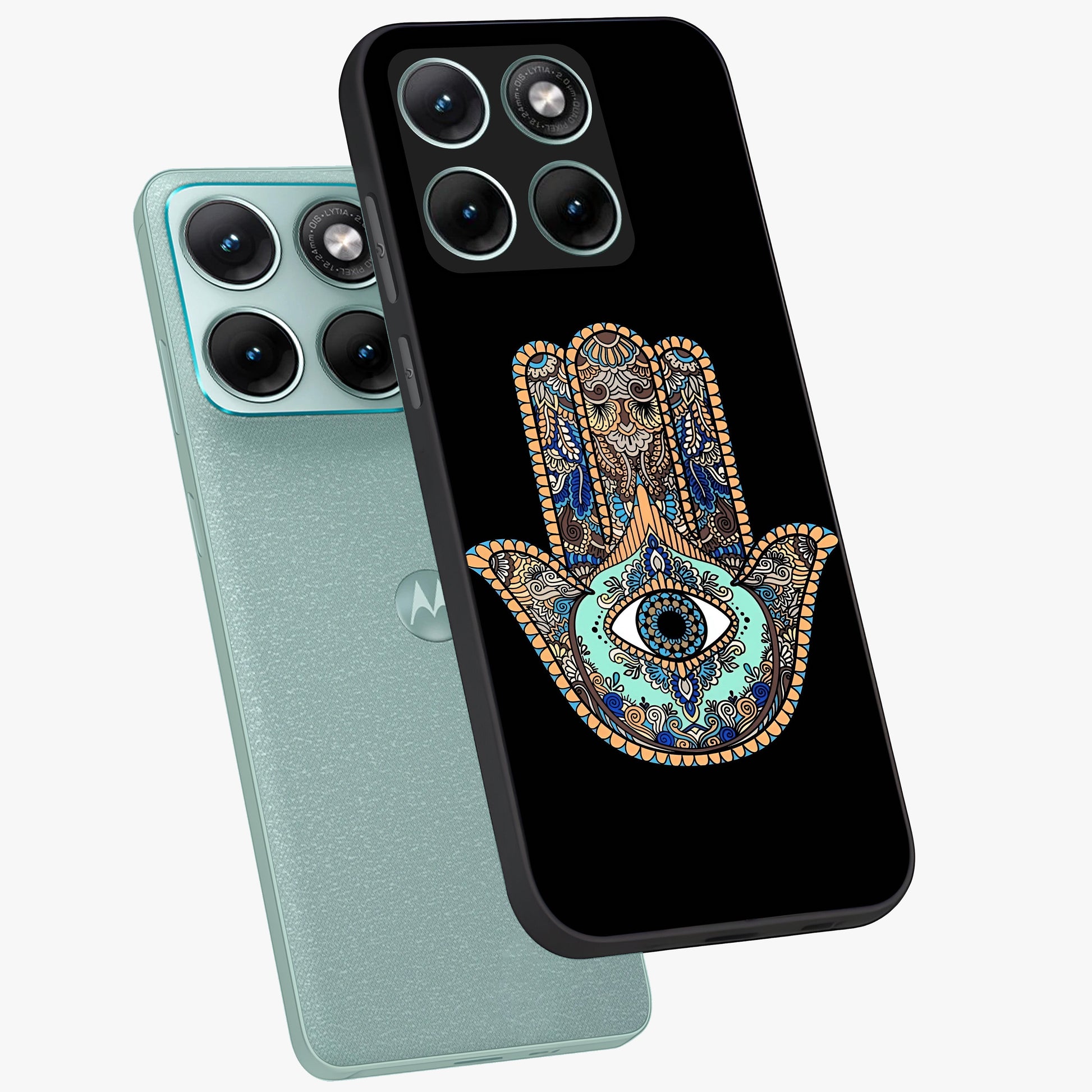 Mystic Hamsa Eye Glass Case displayed in angled mockup highlighting spiritual hamsa symbol with mystical aesthetic style.
