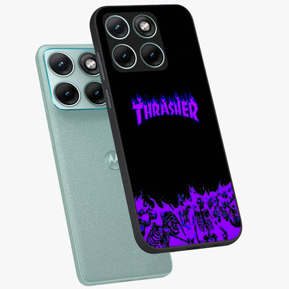 Neon Flame Riot Glass Case displayed in angled mockup highlighting glowing flame design with vibrant neon aesthetic.