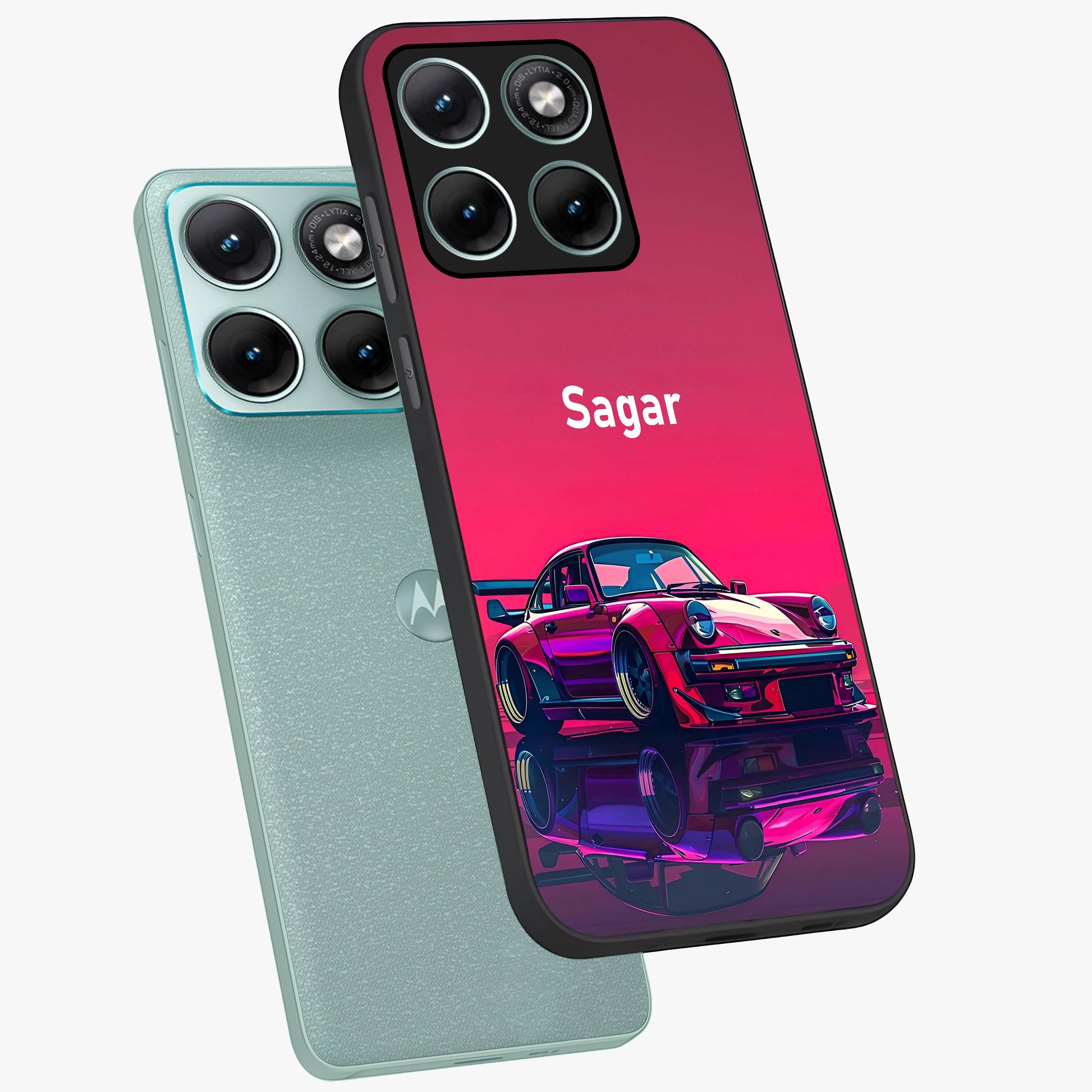 Neon Pink Porsche Glass Case displayed in angled mockup highlighting sleek neon pink car design with racing aesthetic.