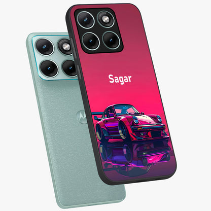 Neon Pink Porsche Glass Case displayed in angled mockup highlighting sleek neon pink car design with racing aesthetic.
