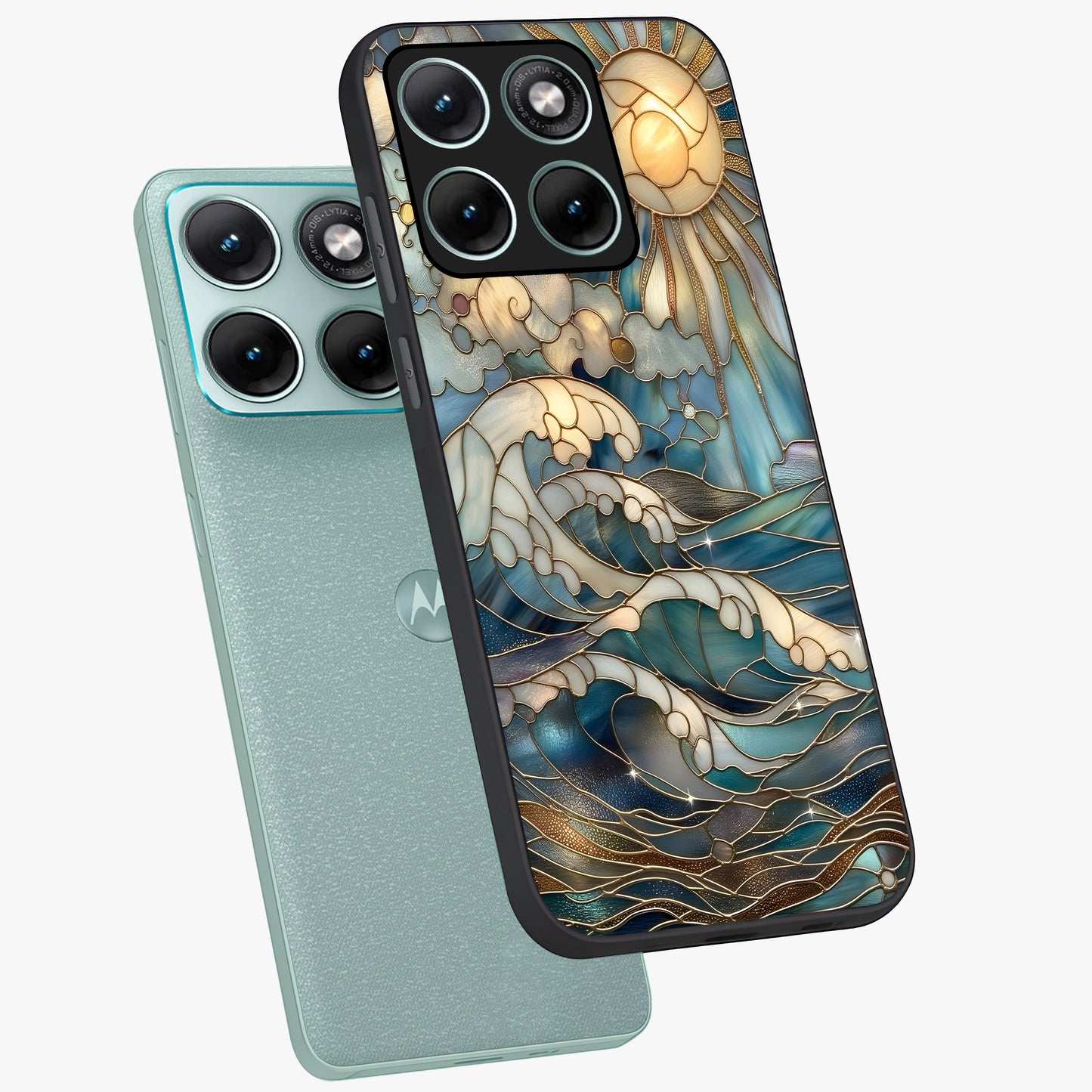 Oceanic Stained Printed Glass Case displayed in angled mockup highlighting colorful aquatic design with artistic aesthetic style.