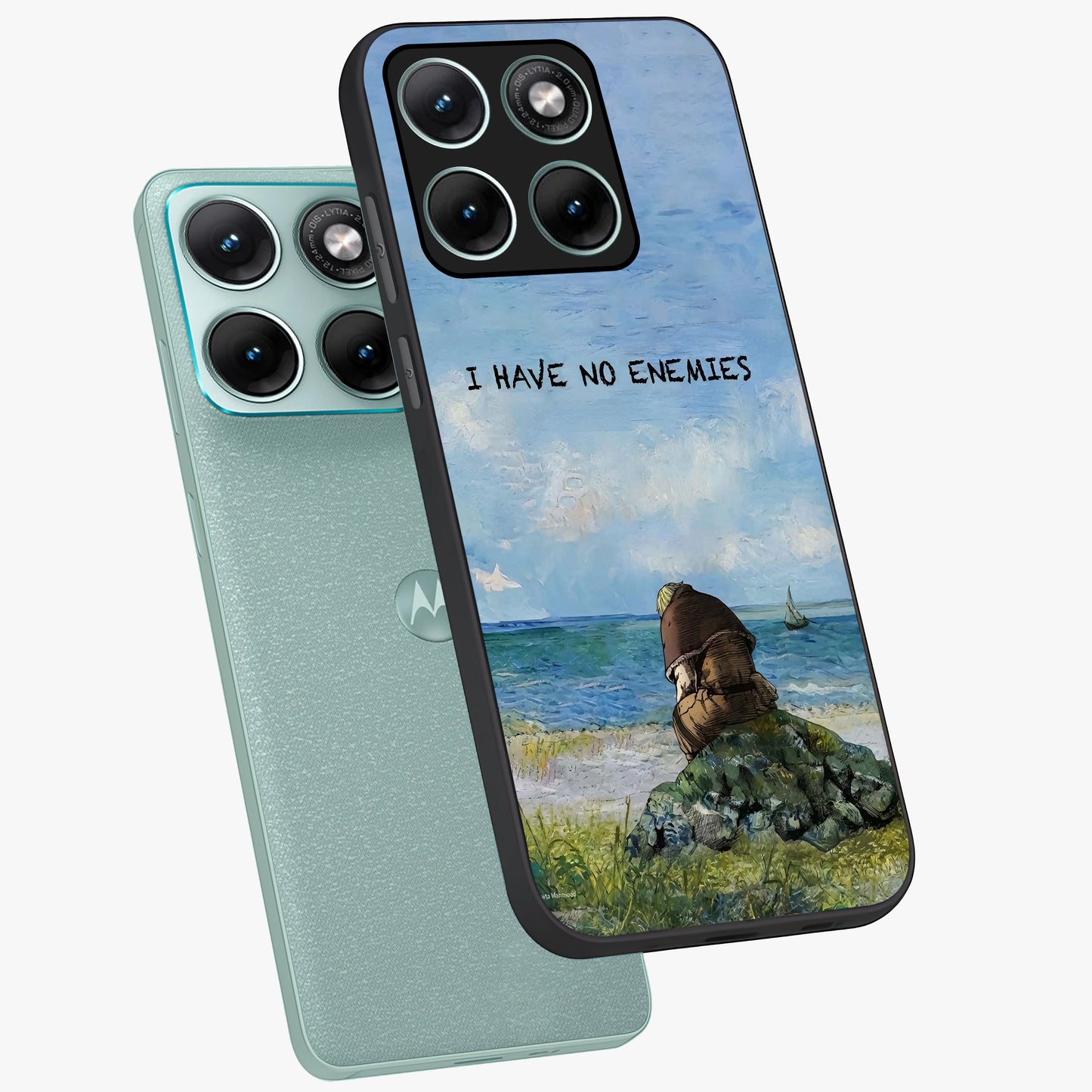 Peace Beyond War Glass Case displayed in angled mockup highlighting meaningful message design with artistic aesthetic style.