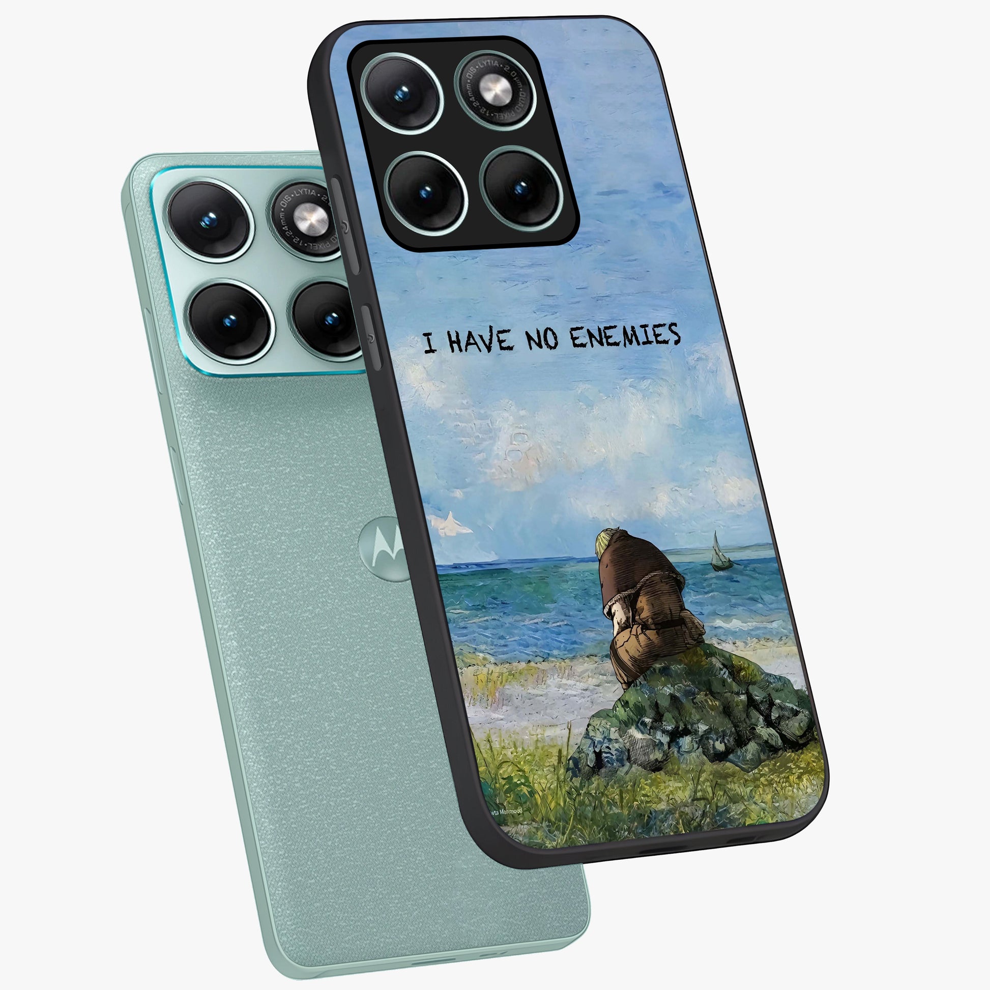 Peace Beyond War Glass Case displayed in angled mockup highlighting meaningful message design with artistic aesthetic style.