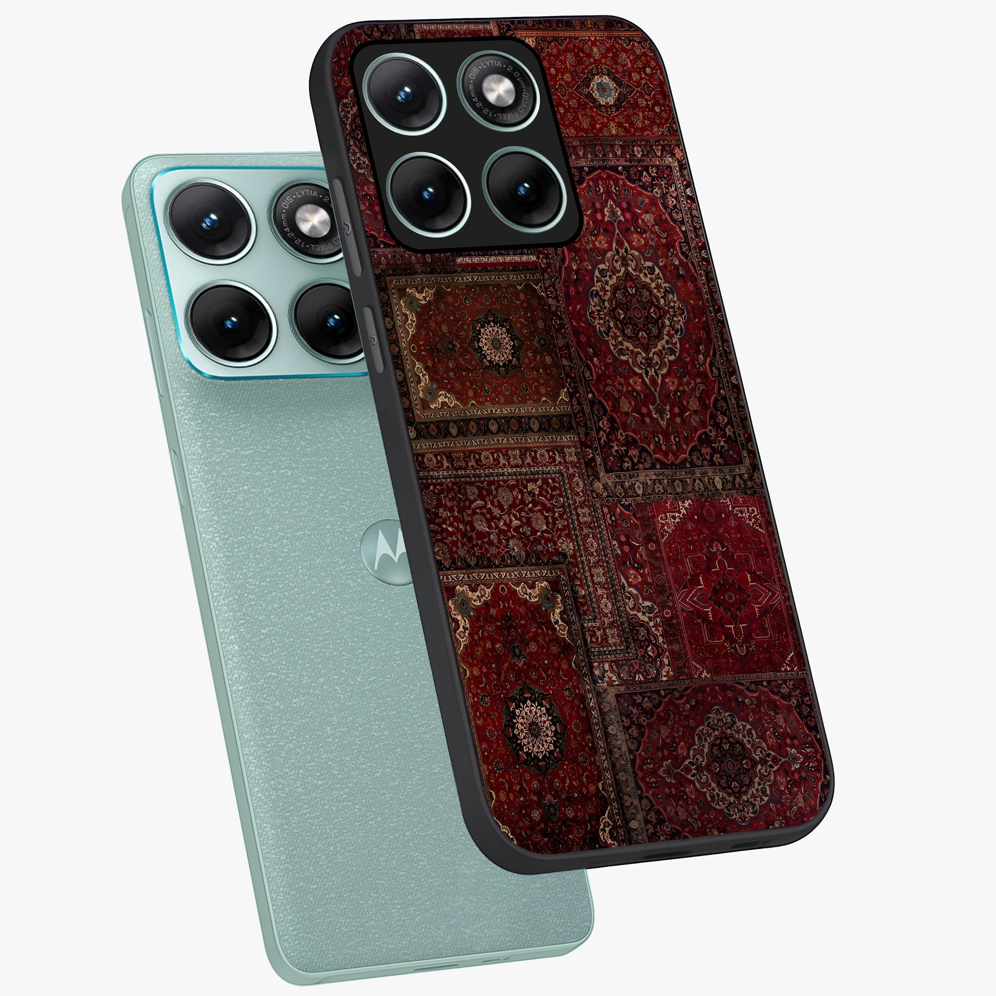 Persian Velvet Tale Glass Case displayed in angled mockup highlighting ornate textile inspired design with royal aesthetic.