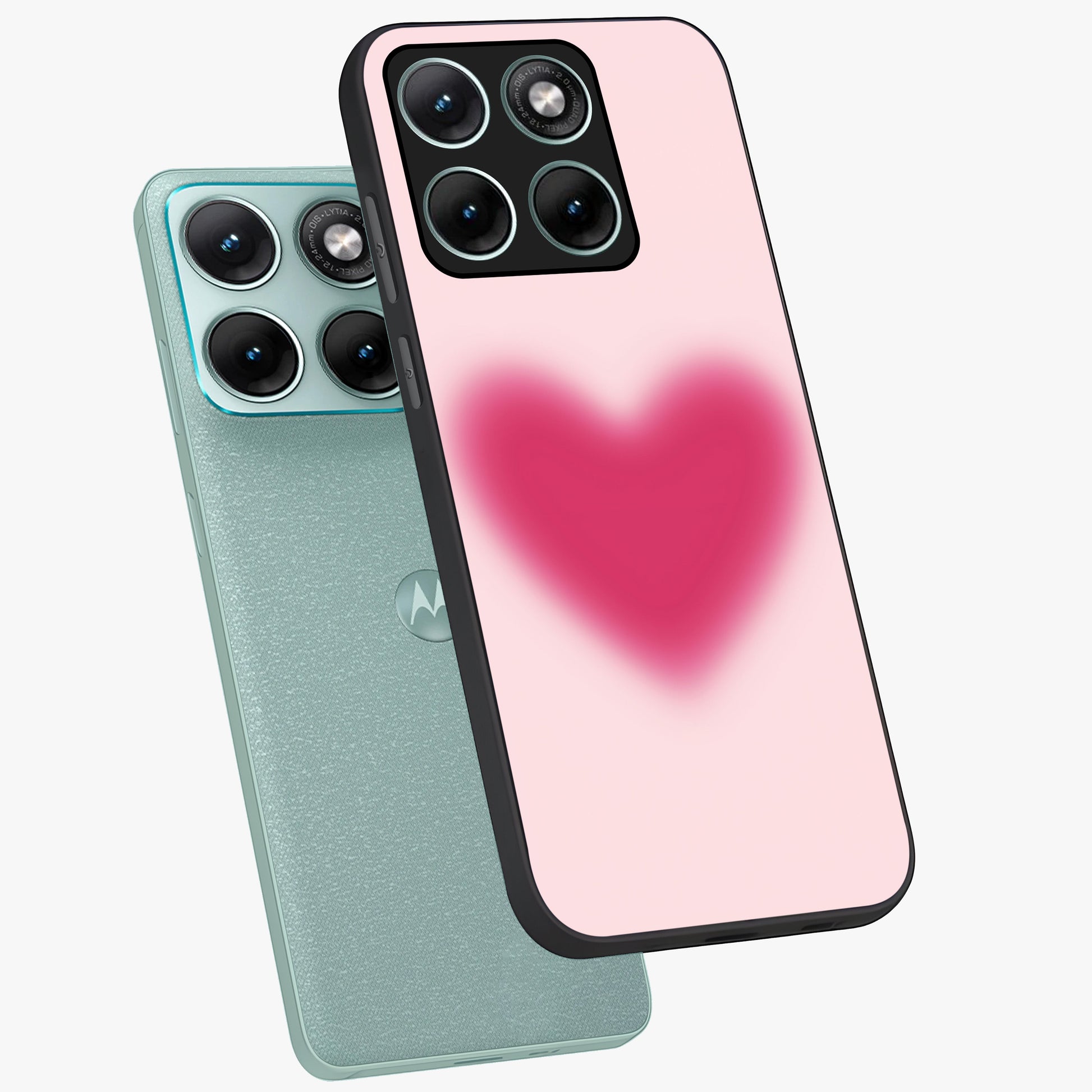 Pink Aura Heart Glass Case displayed in angled mockup highlighting vibrant pink heart design with dreamy aura aesthetic.