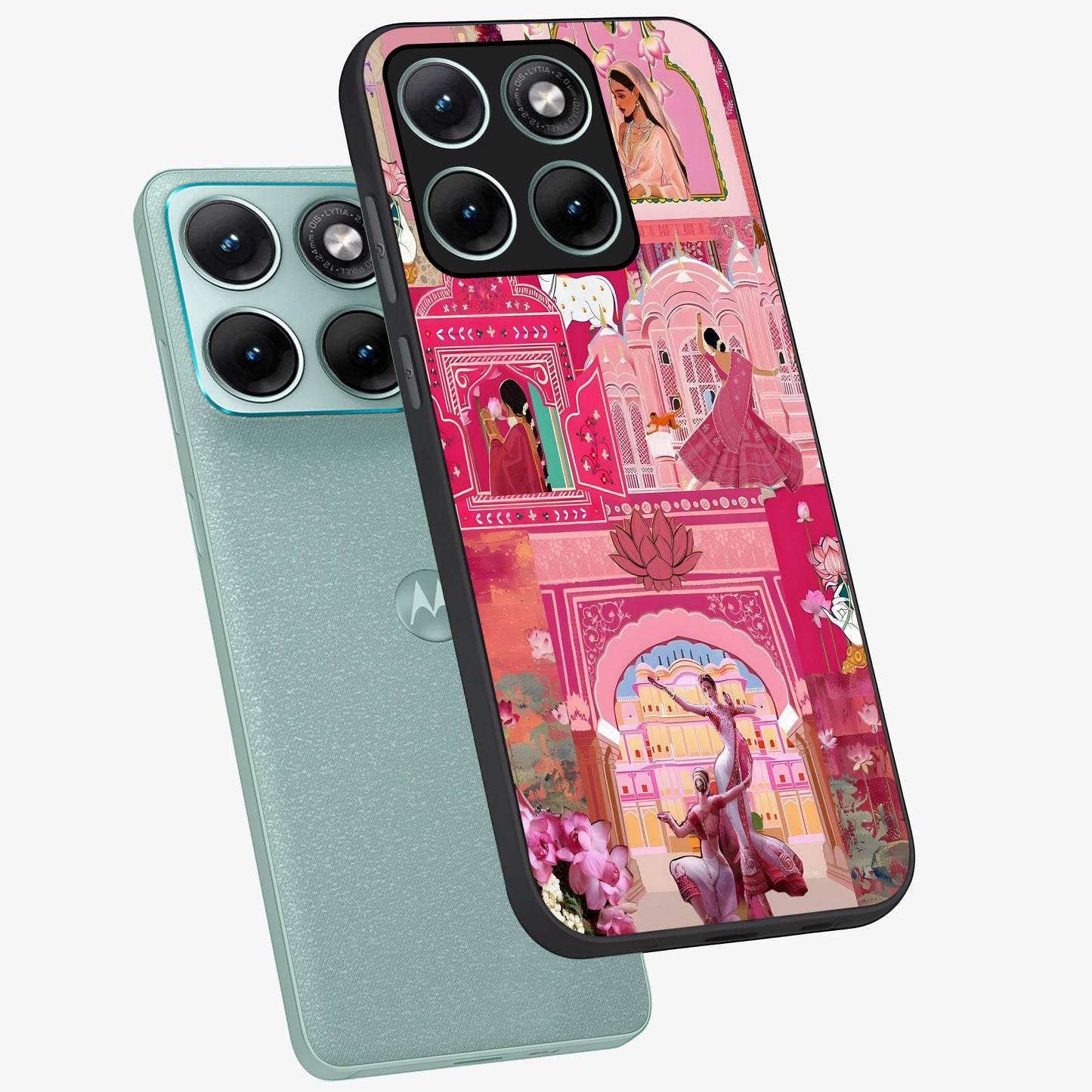 Pink Palace Muse Glass Case displayed in angled mockup highlighting dreamy palace illustration with soft pink aesthetic.