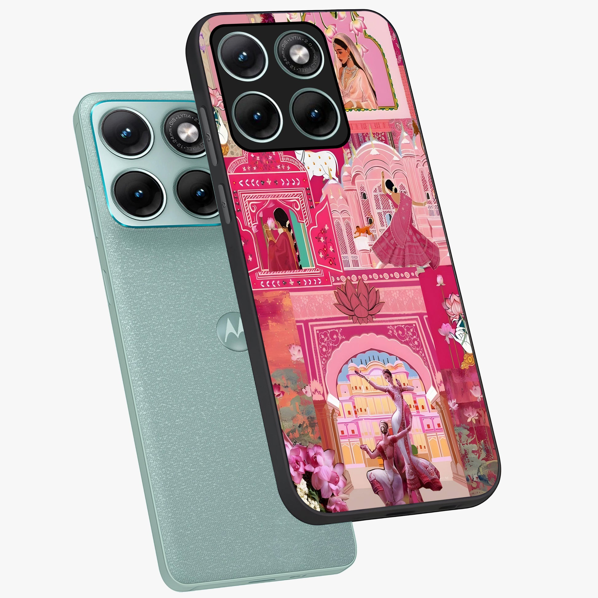 Pink Palace Muse Glass Case displayed in angled mockup highlighting dreamy palace illustration with soft pink aesthetic.