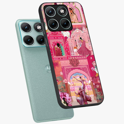 Pink Palace Muse Glass Case displayed in angled mockup highlighting dreamy palace illustration with soft pink aesthetic.