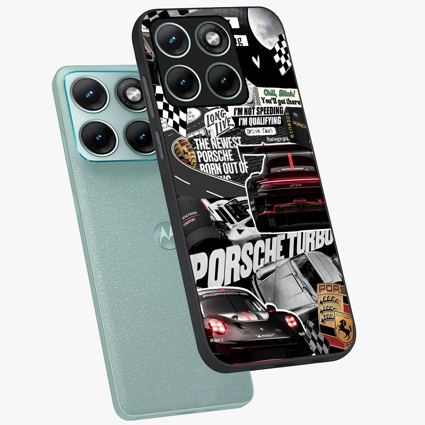Porsche Racing Collage Glass Case displayed in angled mockup highlighting dynamic automotive design with bold racing aesthetic.
