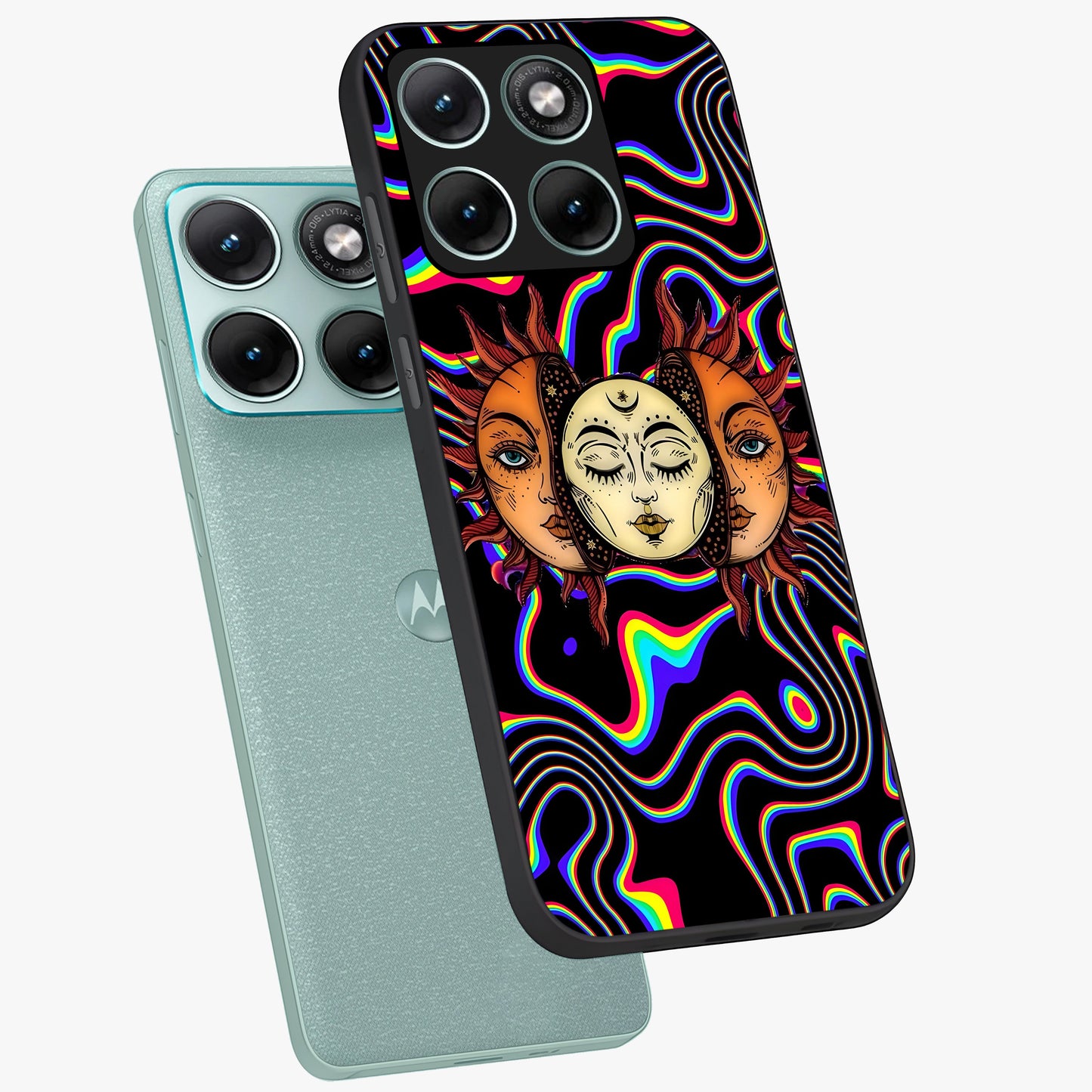 Psychedelic Sun Glass Case displayed in angled mockup highlighting vibrant abstract sun design with artistic aesthetic style.