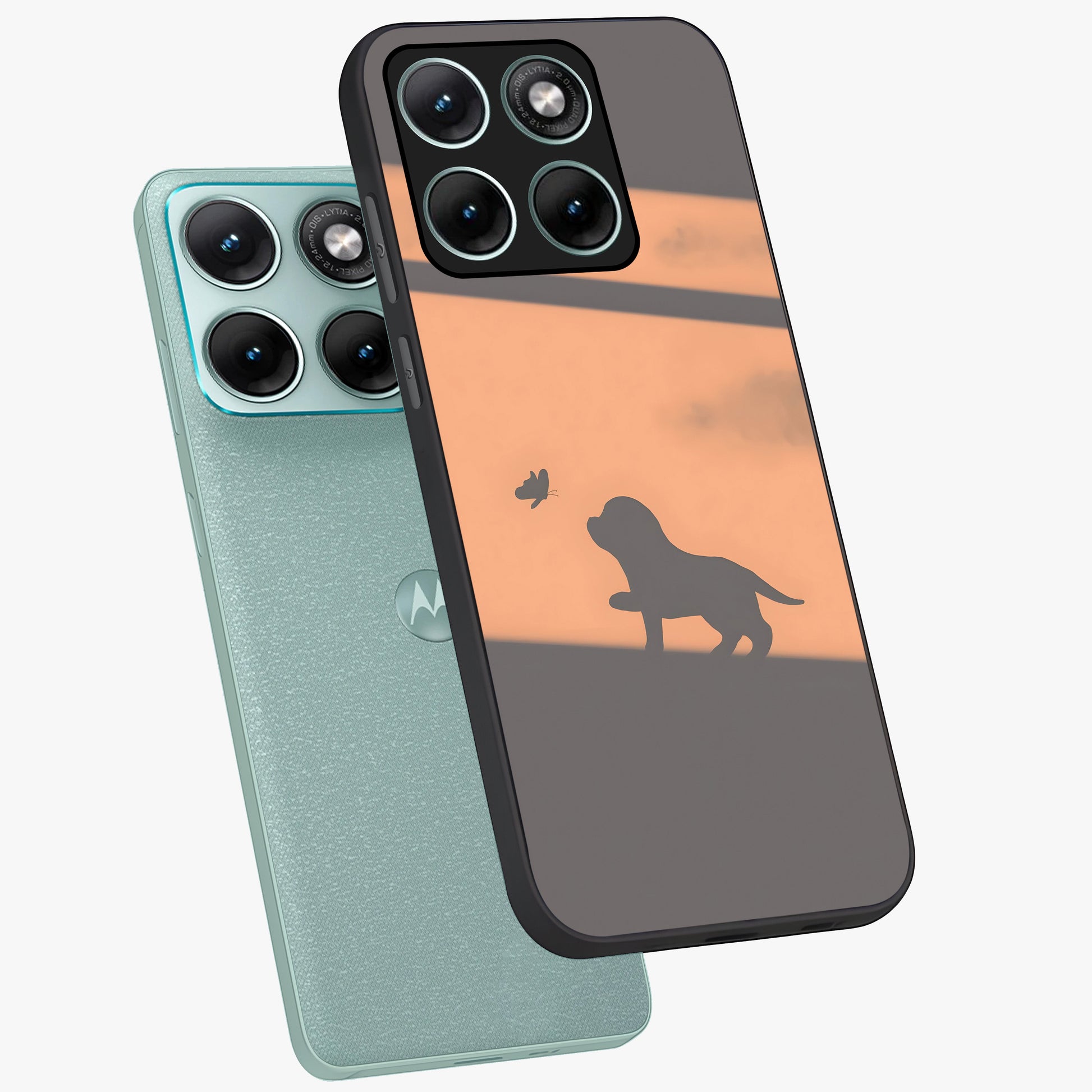 Puppy Shadow Art Glass Case displayed in angled mockup highlighting playful dog illustration with artistic shadow aesthetic.