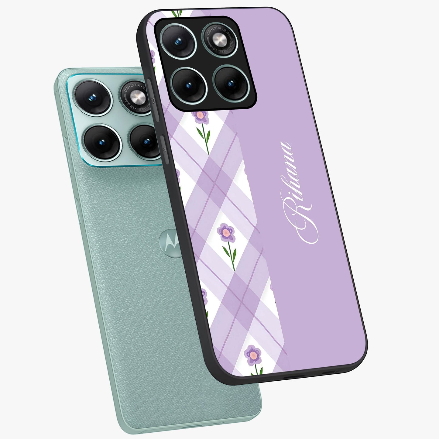 Purple Diamond Floral Glass Case displayed in angled mockup highlighting elegant purple flower design with decorative pattern.